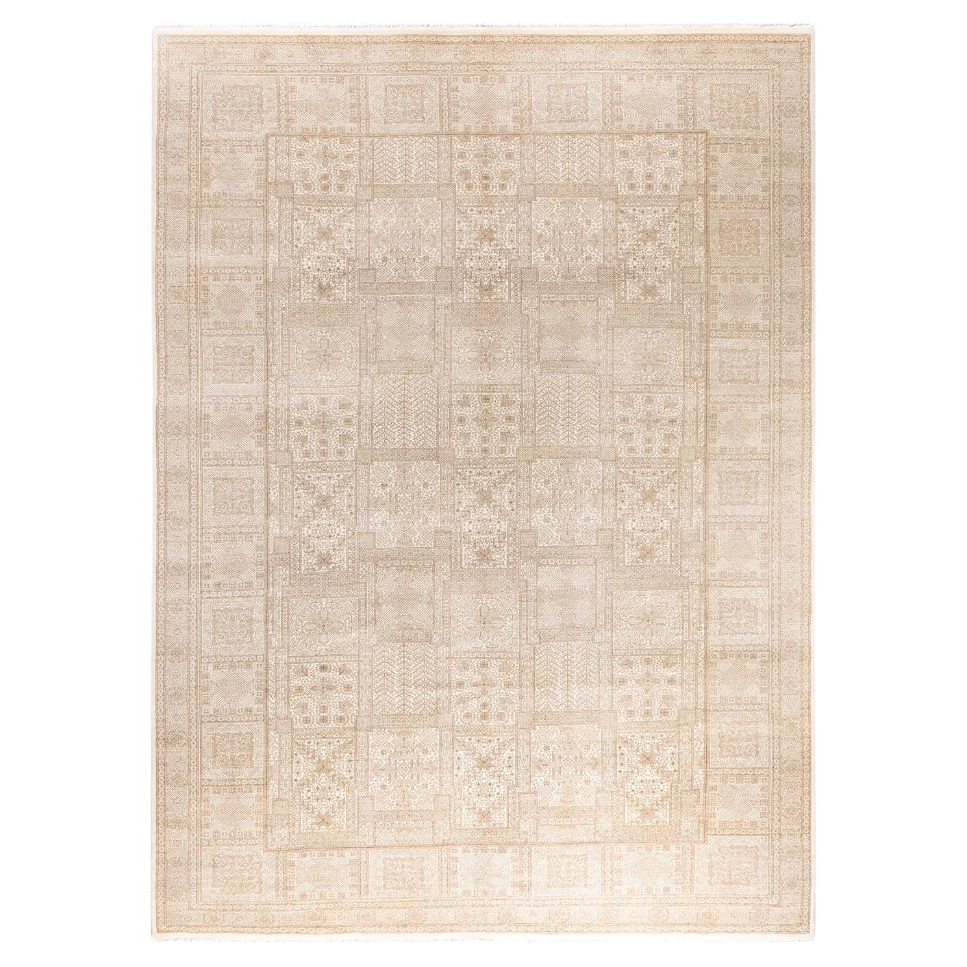 Traditional Ikat Hand Knotted Geometric Wool Ivory Area Rug 9' 2" x 12' 4" For Sale