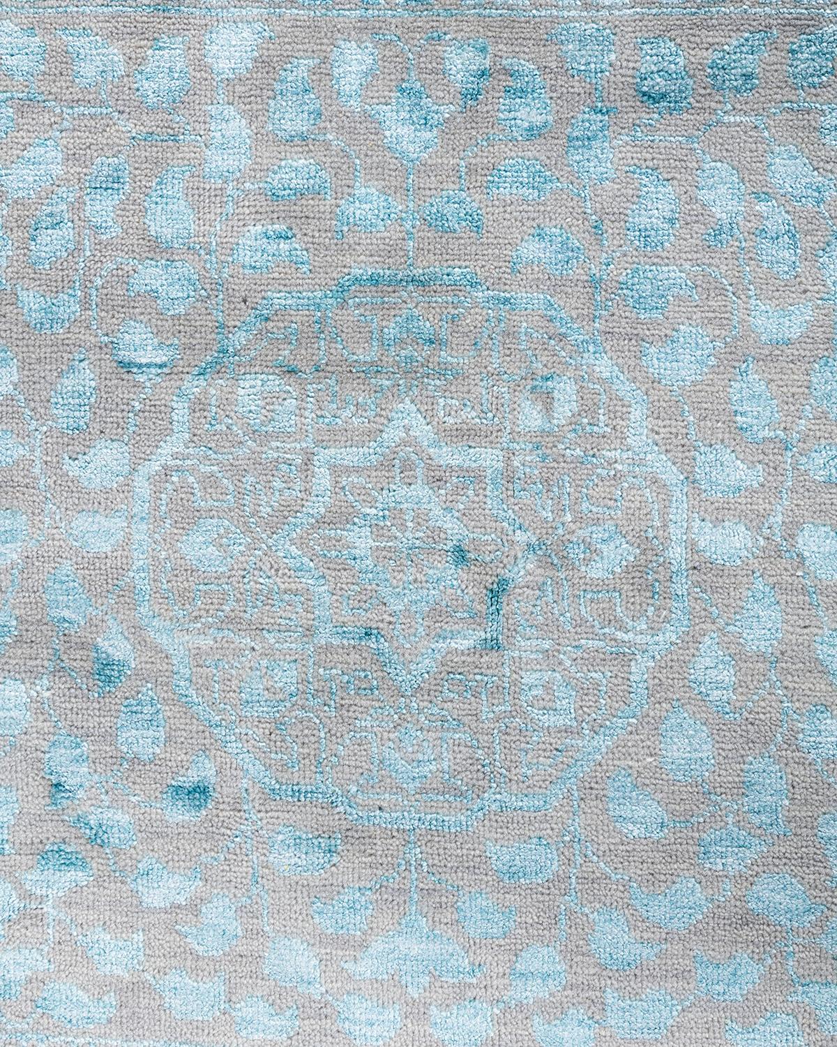 Traditioneller handgeknüpfter orientalischer Teppich aus Seide und Wolle in Grau von Ikat 9' 0