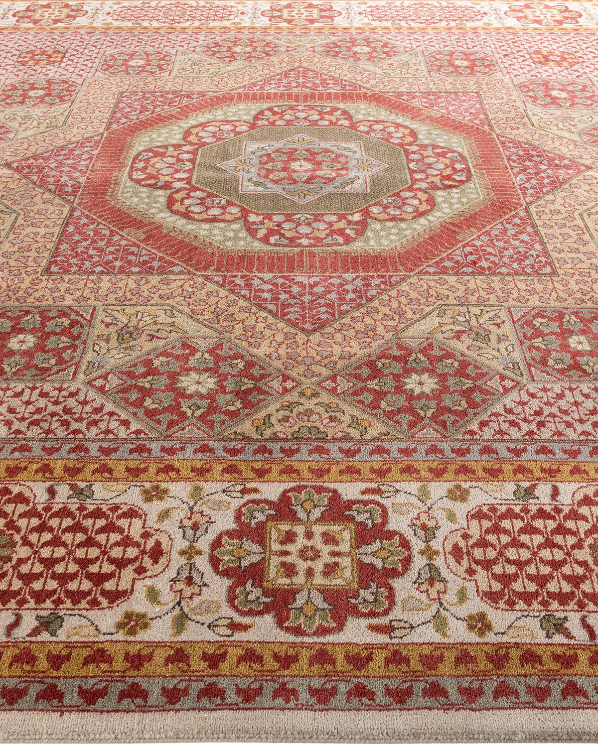 Traditioneller handgeknüpfter weißer Ikat-Teppich aus orientalischer Wolle 9' 1