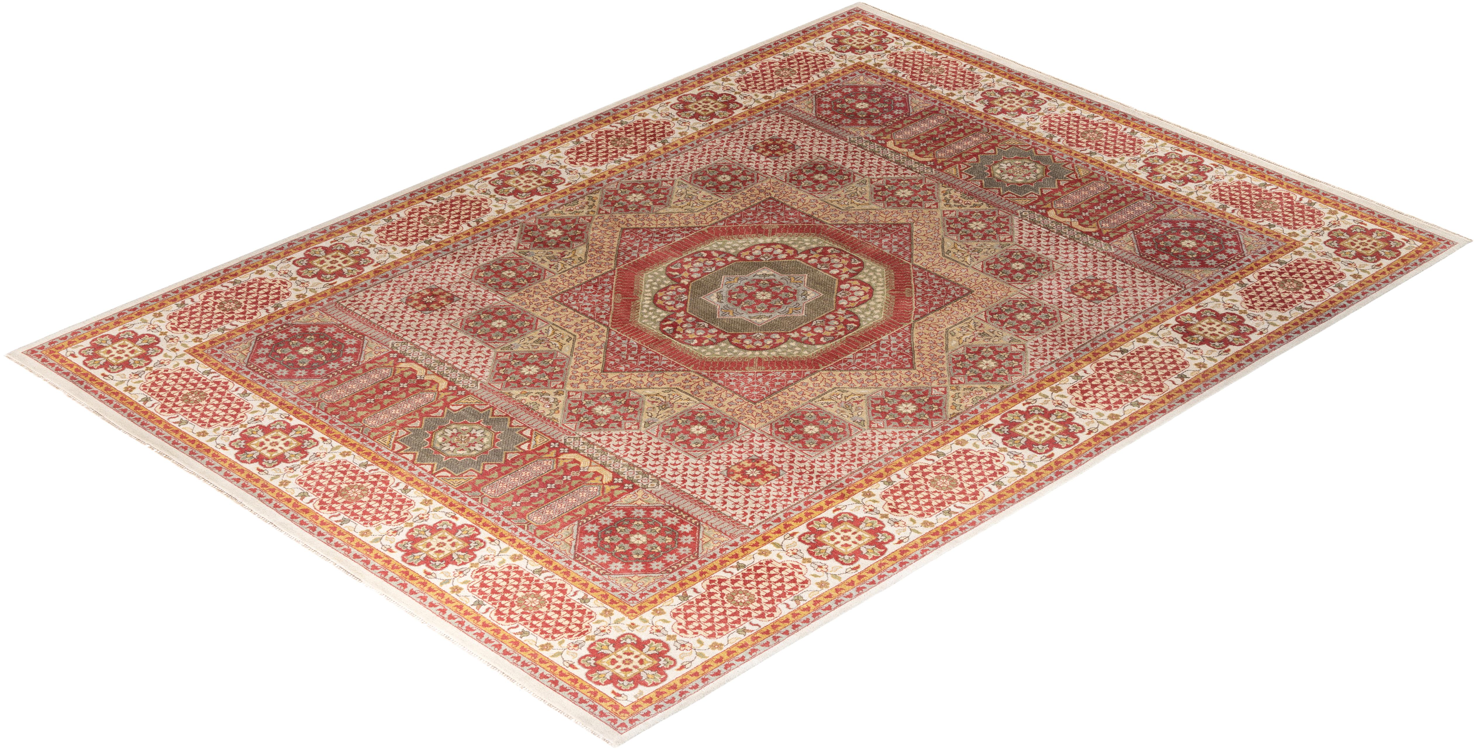 Traditioneller handgeknüpfter weißer Ikat-Teppich aus orientalischer Wolle 9' 1