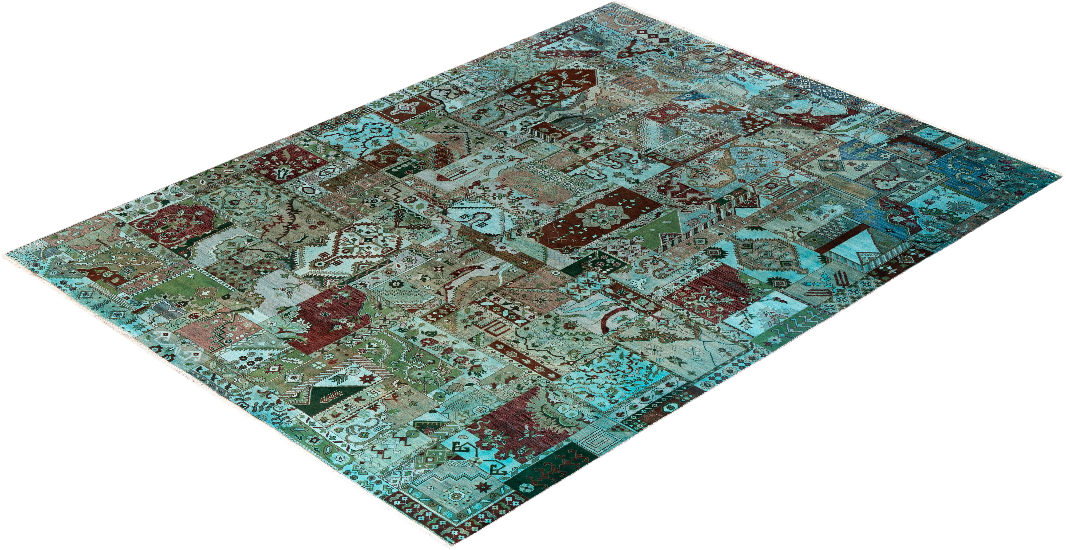 Tappeto tradizionale Ikat Patchwork in lana marrone annodato a mano 8' 10