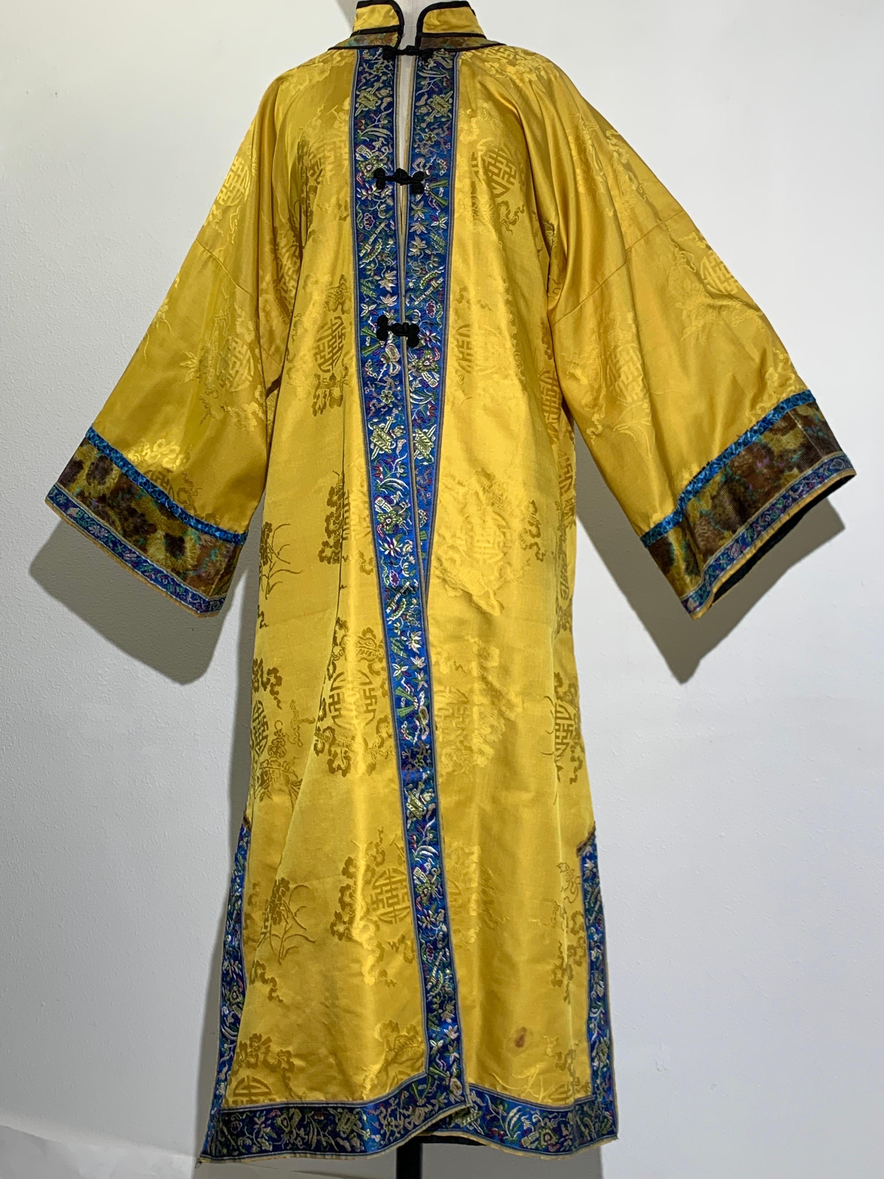 Traditional Imperial Yellow Embroidered Chinese Summer Robe w Blue Banding For Sale 6