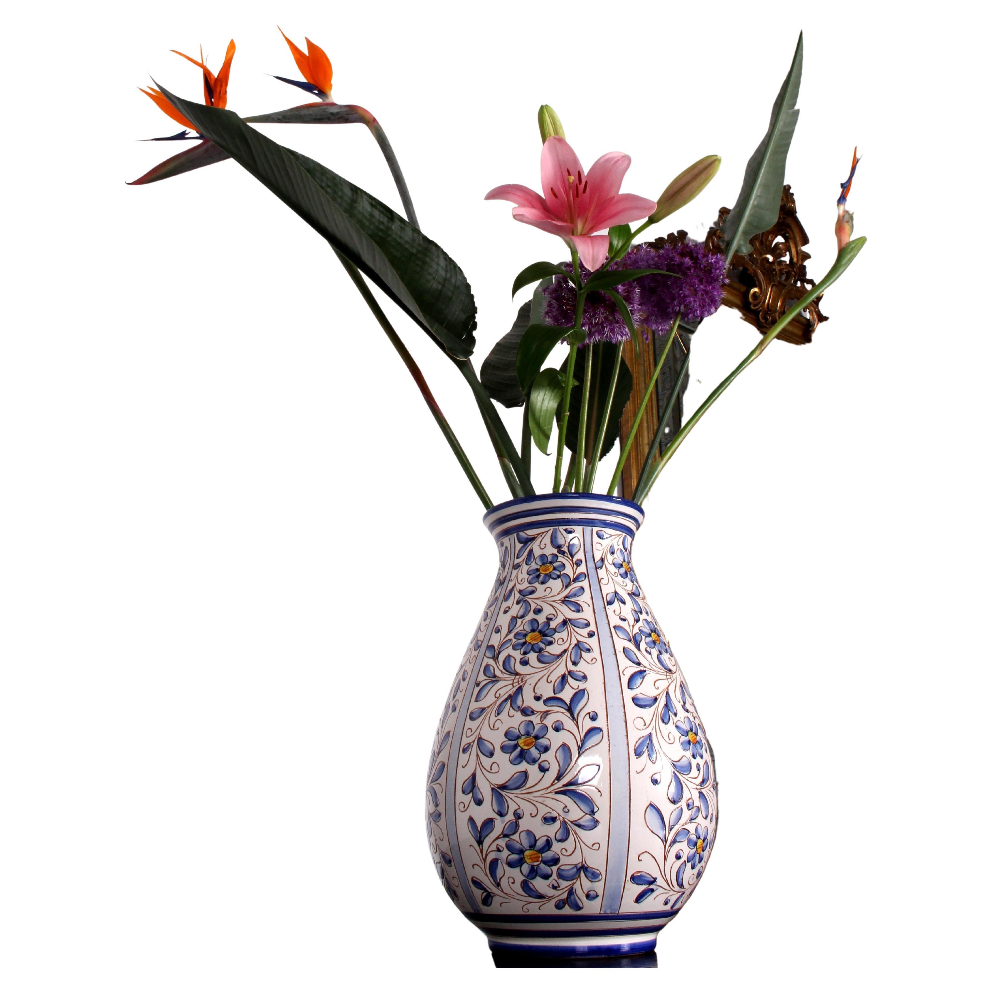 traditional Italian art pottery floor vase floral midcentury classic white&blue