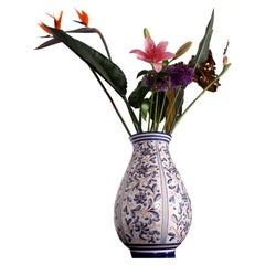 traditional Italian art pottery floor vase floral midcentury classic white&blue