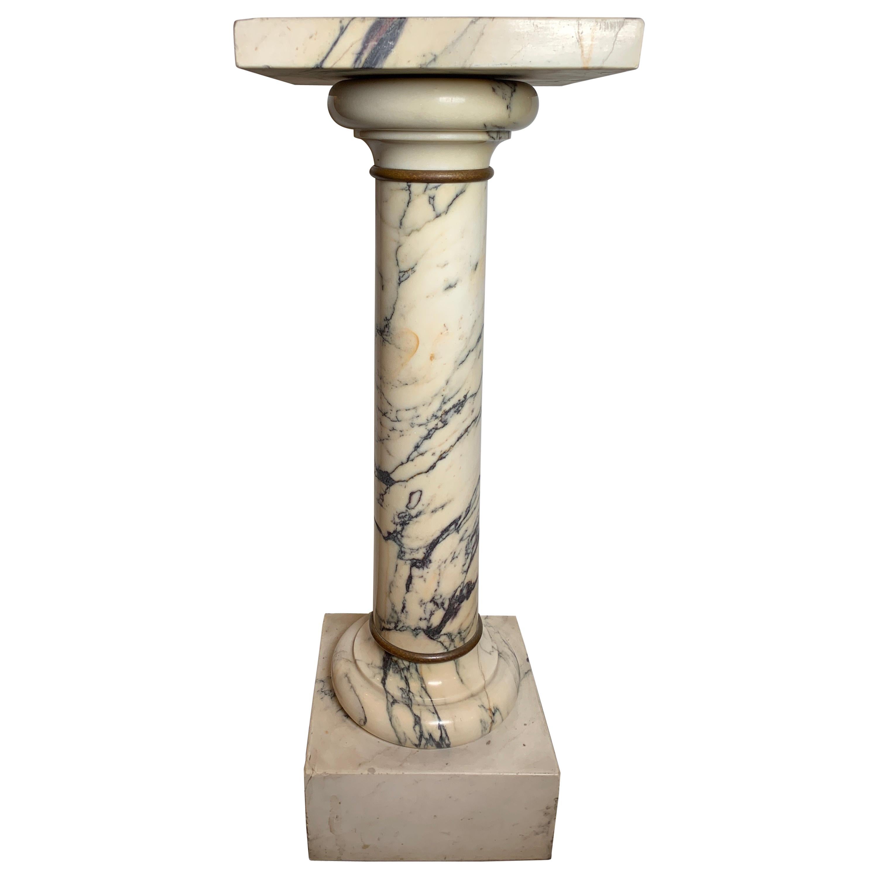 Traditional Italian Marble Pedestal W/ Simple Bronze Ring Accents, circa 1890s