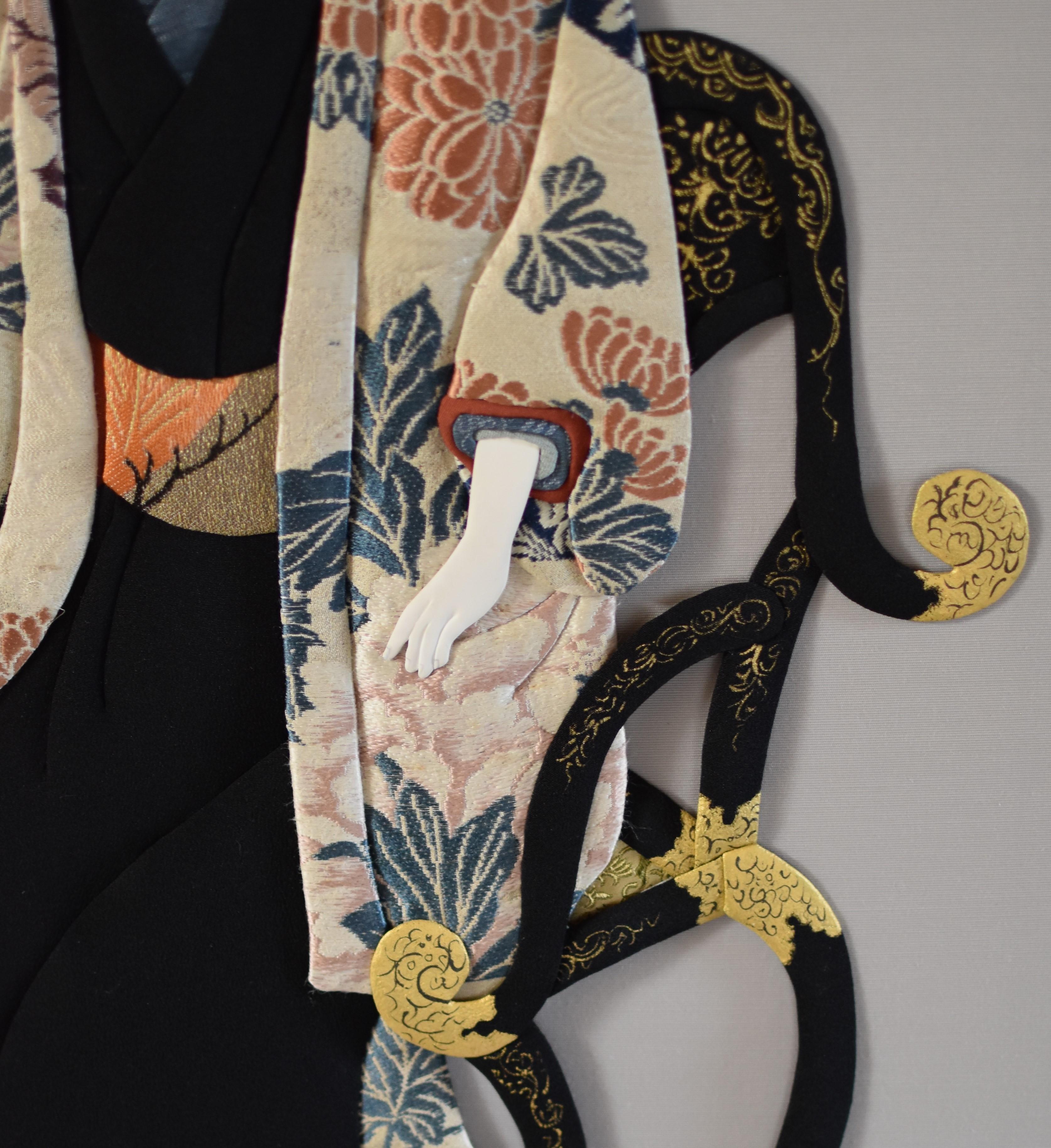 Meiji Japanese Contemporary Framed Brocade Silk Handcrafted Oshie Decorative Art, 2 For Sale