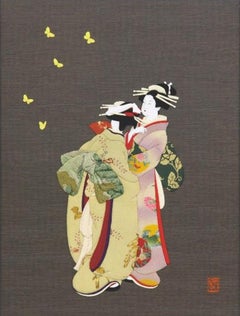 Traditional Japanese Framed Green Purple Brocade Silk Decorative Art