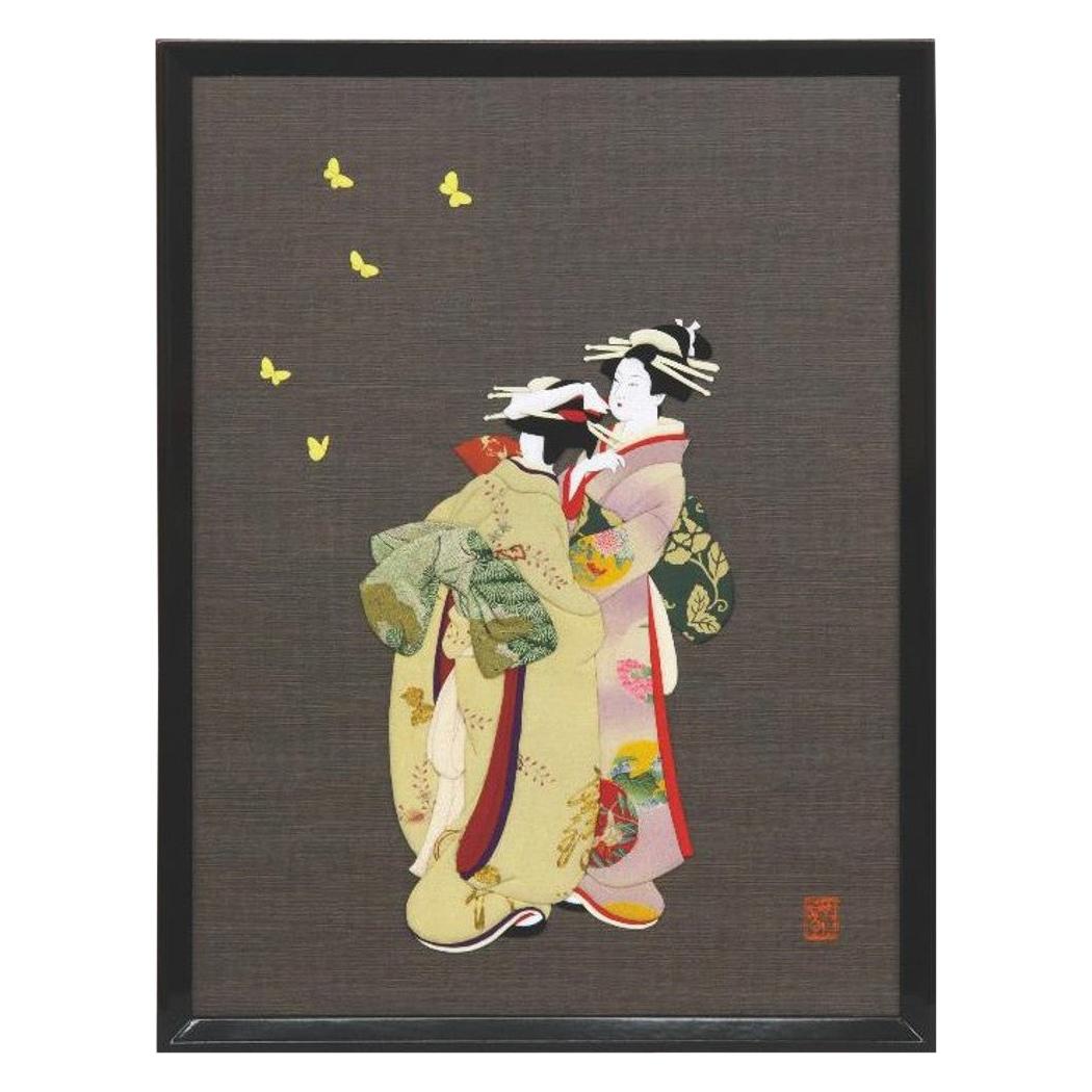 Traditional Japanese Framed Green Purple Brocade Silk Decorative Art