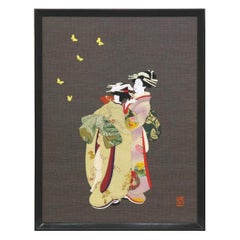 Traditional Japanese Framed Green Purple Brocade Silk Decorative Art