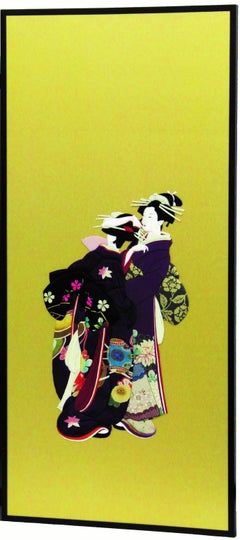 Traditional Japanese Silk Brocade Black Gold Two-Panel Folding Screen