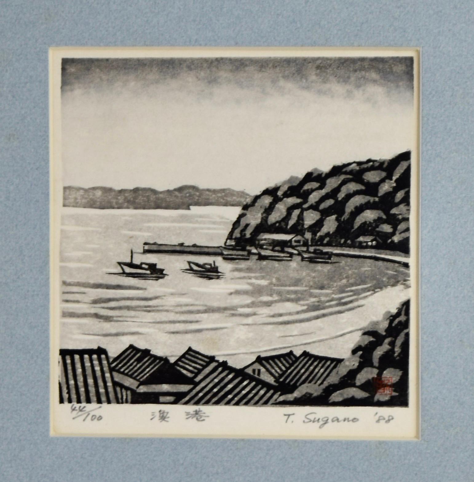 Grabado xilográfico tradicional japonés con el pueblo pesquero Ine Moderno en venta