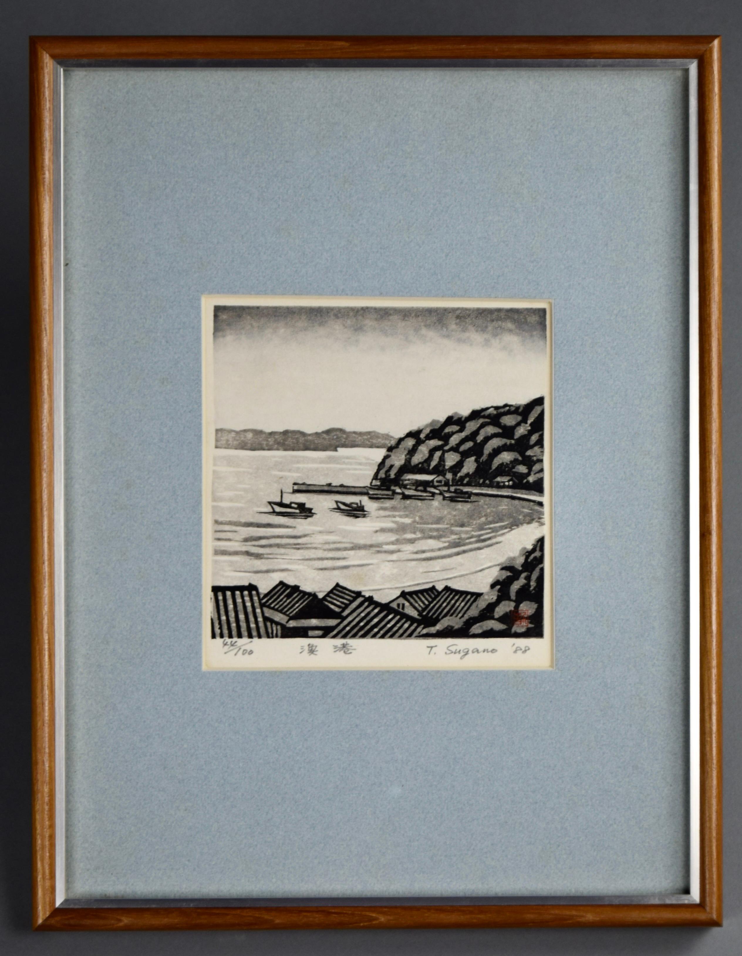 Grabado xilográfico tradicional japonés con el pueblo pesquero Ine en Bueno estado para la venta en Weesp, NL