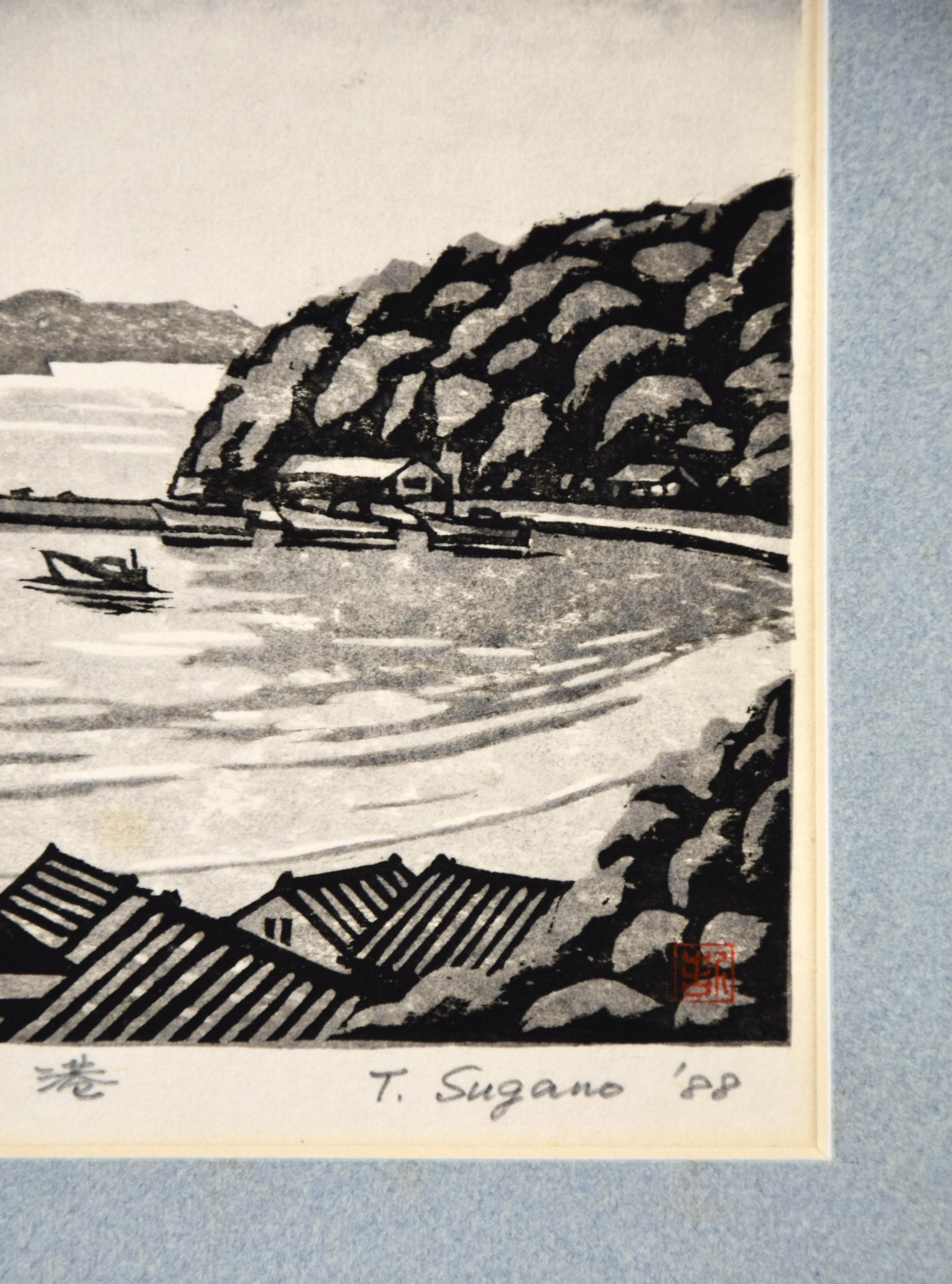 Grabado xilográfico tradicional japonés con el pueblo pesquero Ine Japonés en venta