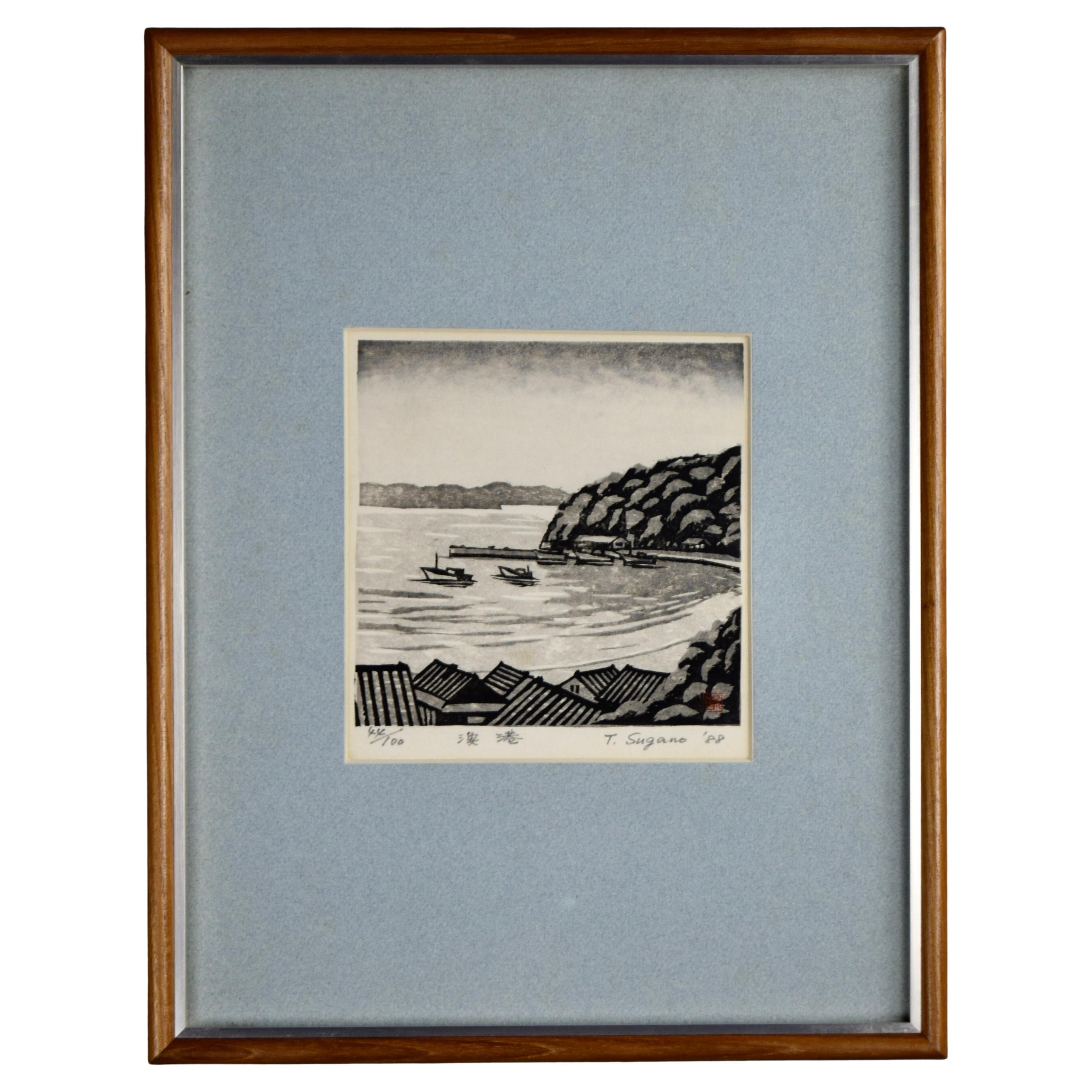 Traditioneller japanischer Holzschnitt mit Fischdorf-Ine-Druck