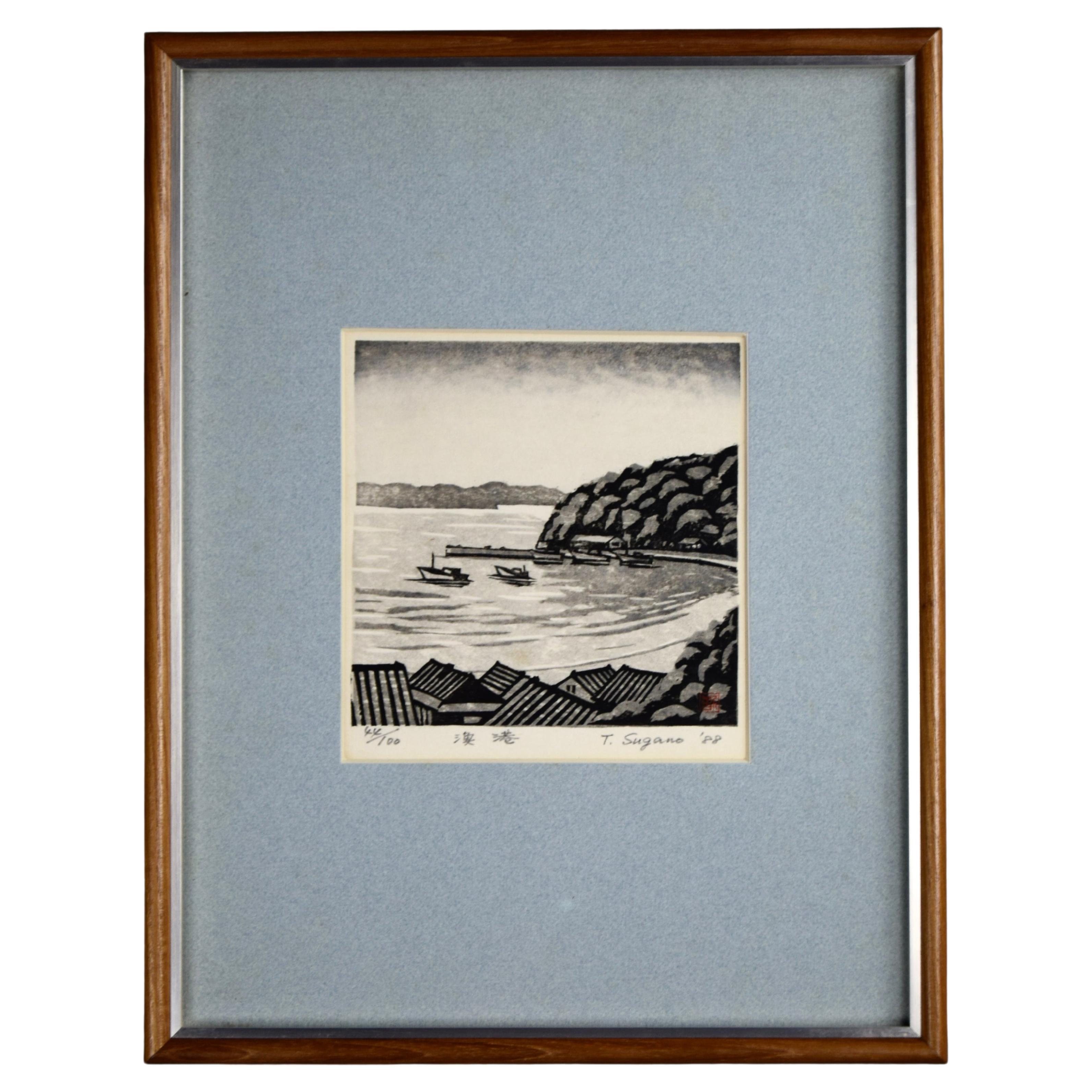 Traditional Japanese Woodblock Print featuring the Fishing Village Ine For Sale