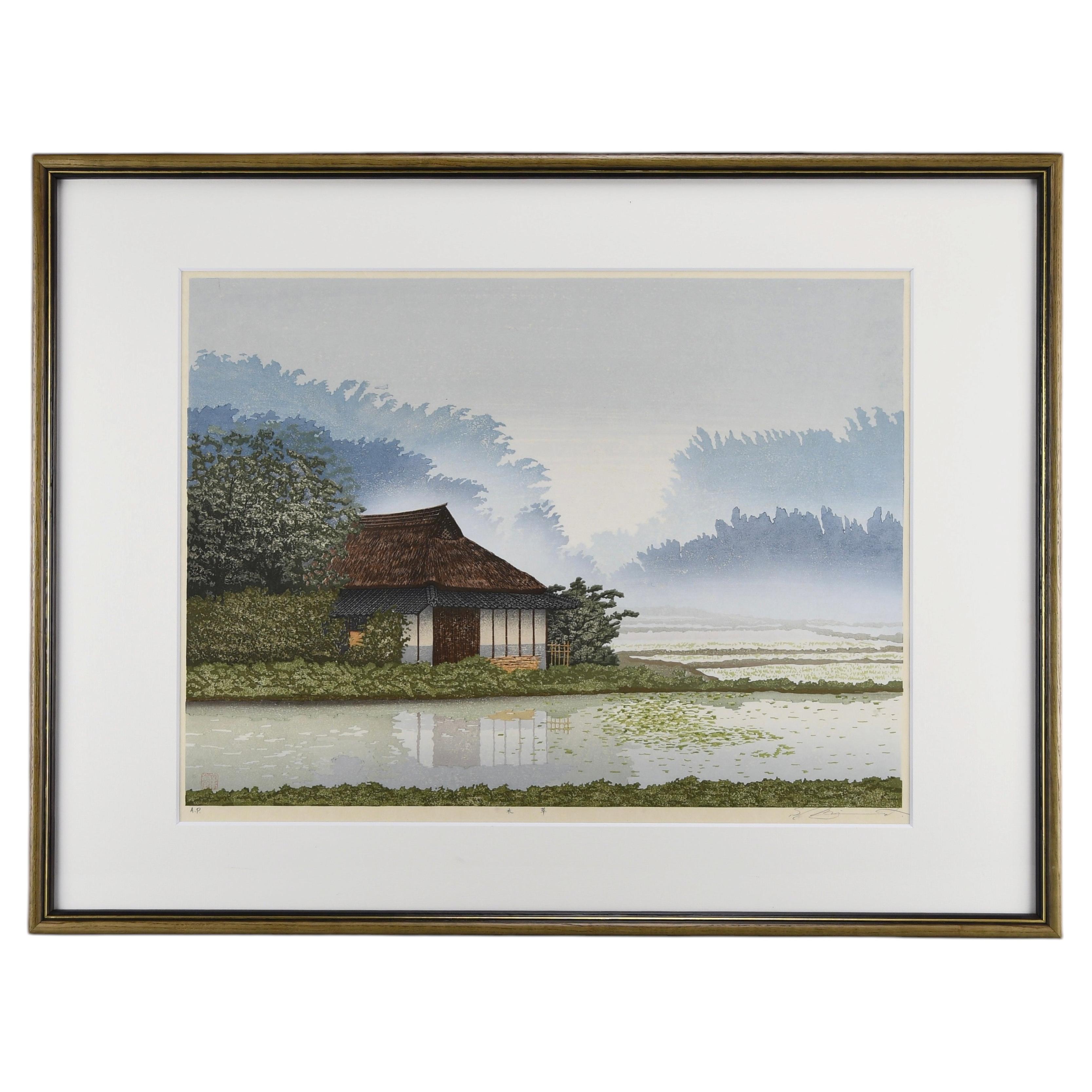 Traditional Japanese woodblock print by Shufu Miyamoto "Water plants"