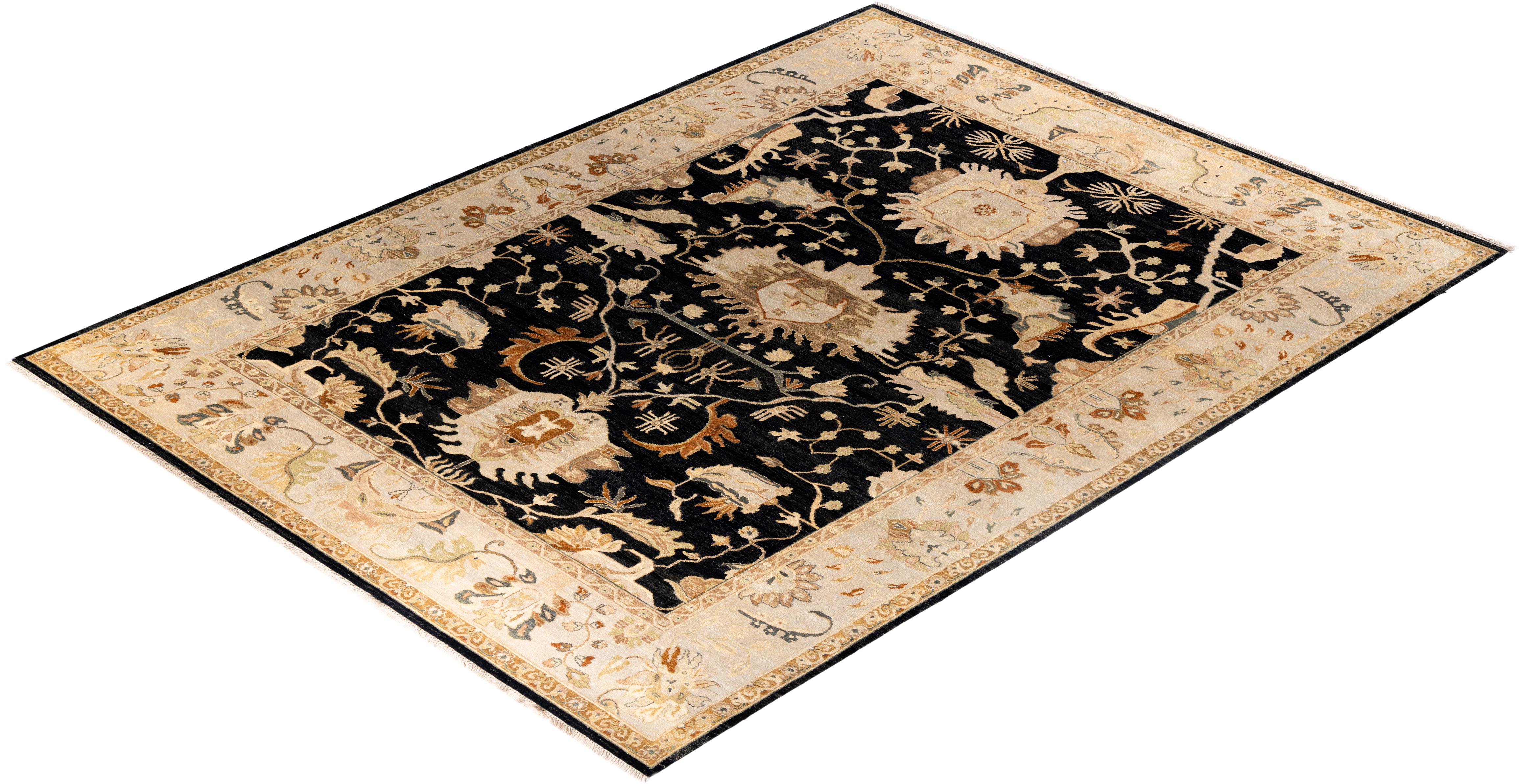 Alfombra tradicional Kashan de lana anudada a mano con motivos florales, negra 9' 1
