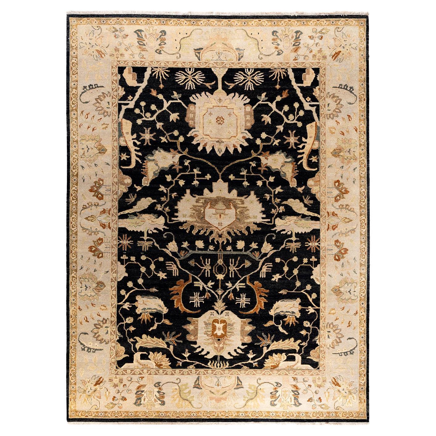Traditional Kashan Hand Knotted Floral Wool Black Area Rug 9' 1" x 12' 2"