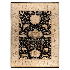Traditional Kashan Hand Knotted Floral Wool Black Area Rug 9' 1" x 12' 2"
