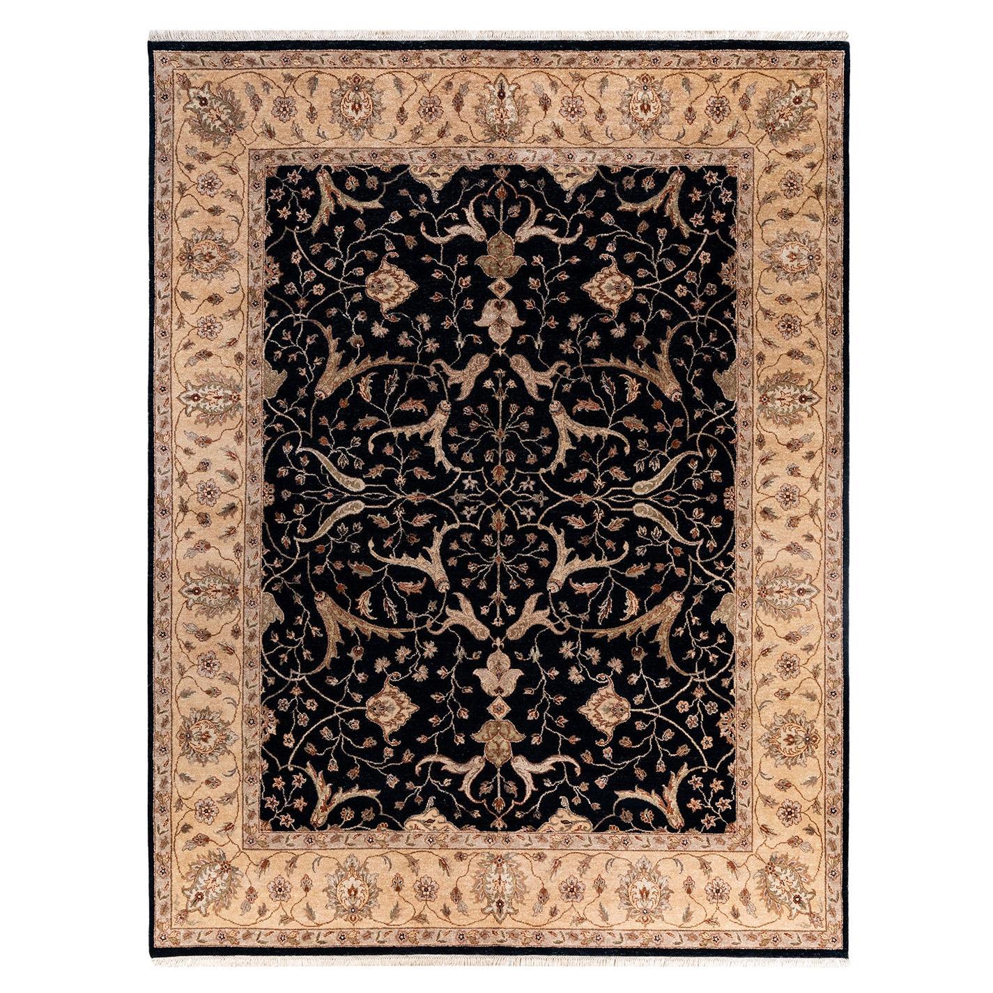 Traditional Kashan Hand Knotted Floral Wool Black Area Rug 9' 2" x 12' 0" For Sale