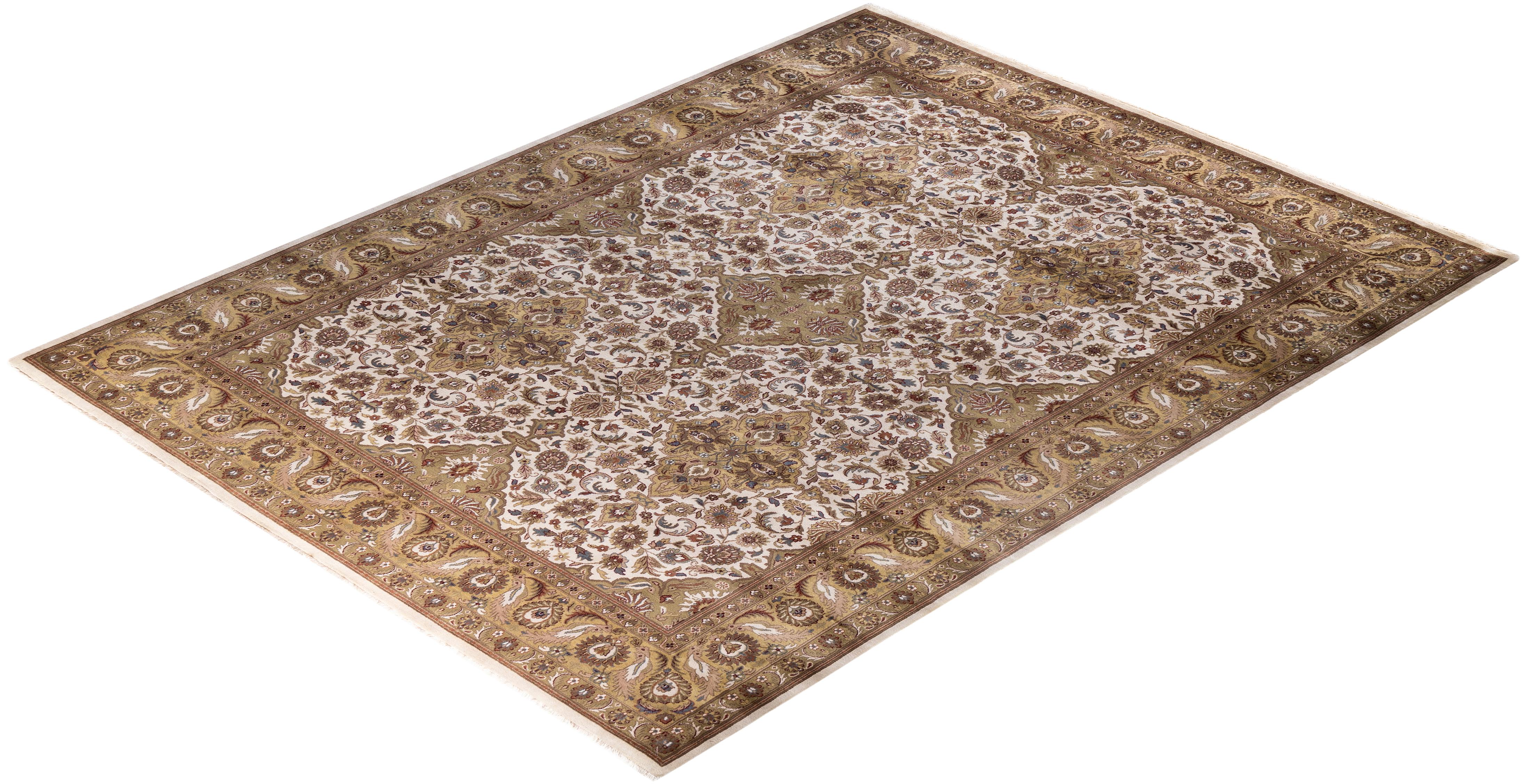 Traditional Kashan Hand Knotted Floral Wool Ivory Area Rug 9' 3