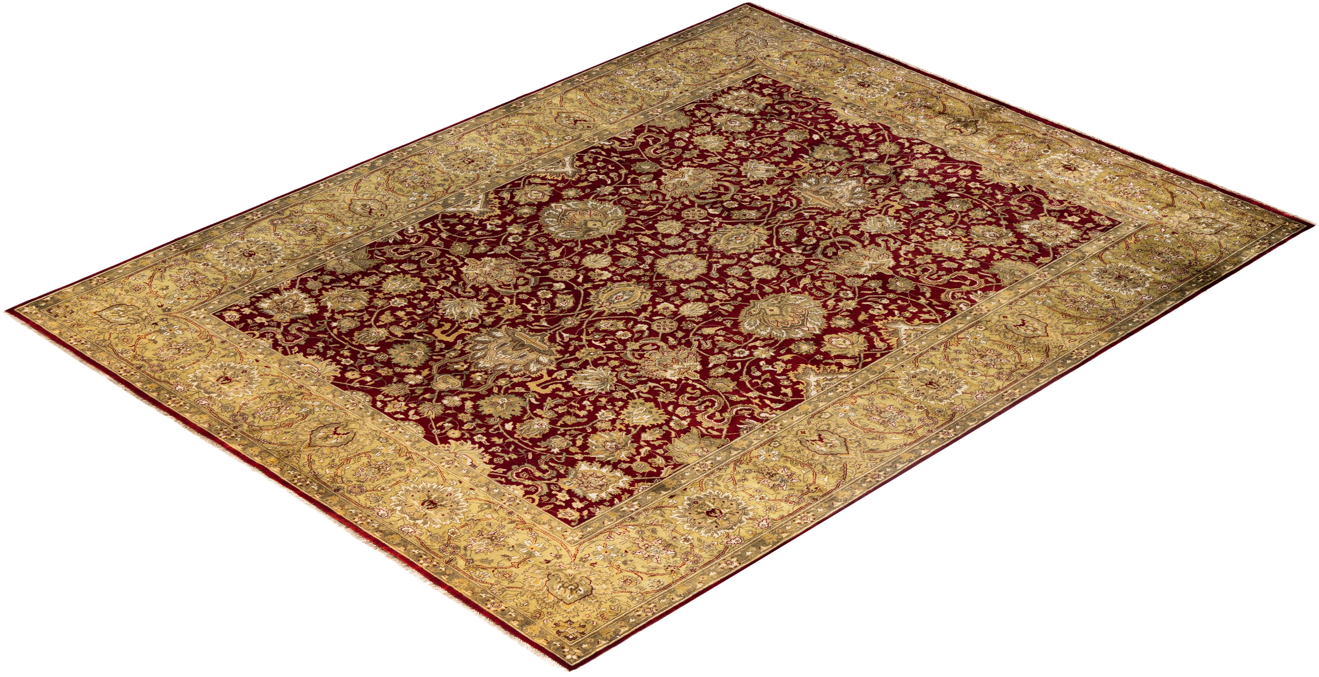 Tapis traditionnel Kashan en laine rouge à motifs floraux noués à la main 9' 0