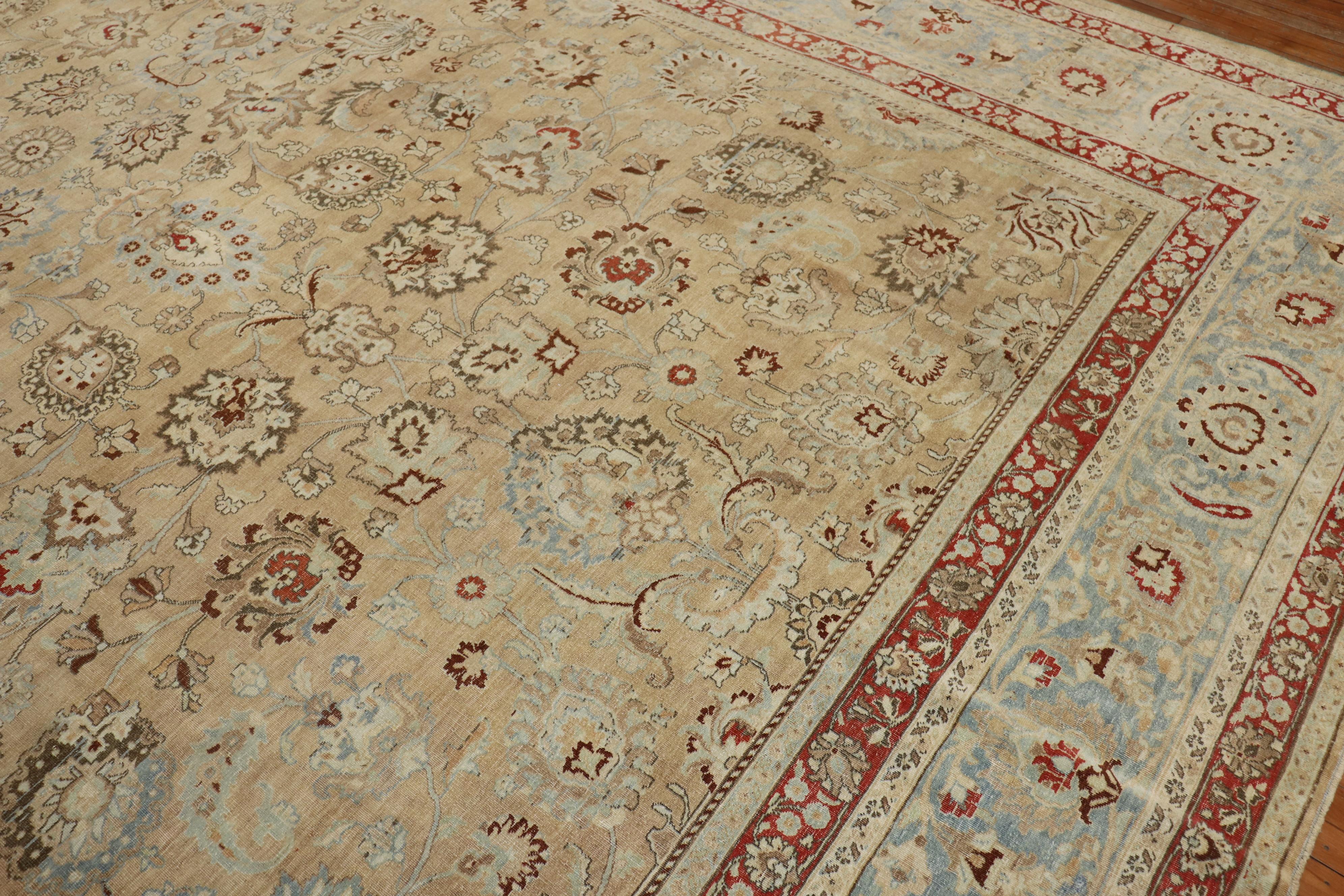 Tabriz Traditional Khaki Icy Blue Rust Antique Persian Meshed Rug, 20th Century For Sale