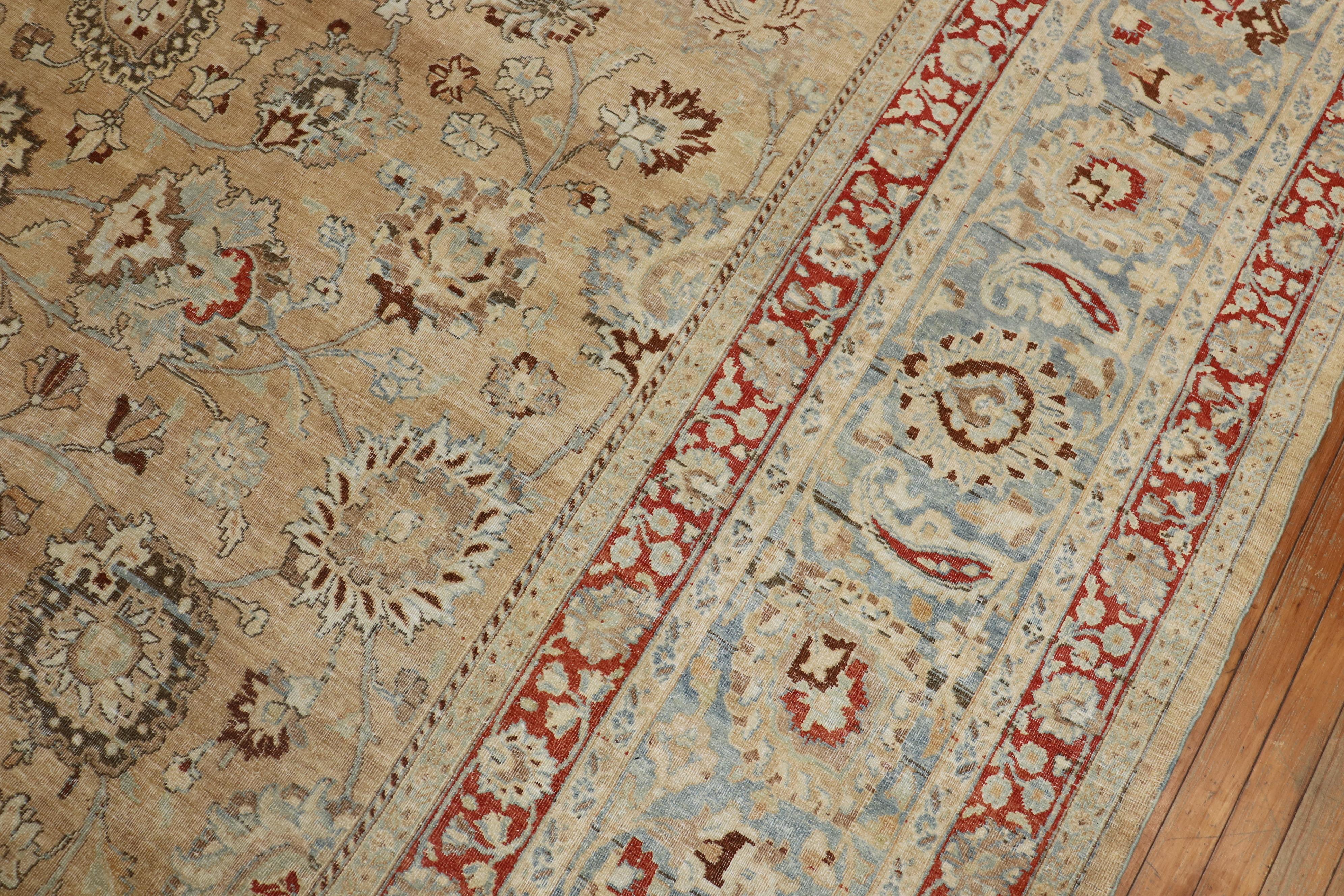 Hand-Knotted Traditional Khaki Icy Blue Rust Antique Persian Meshed Rug, 20th Century For Sale