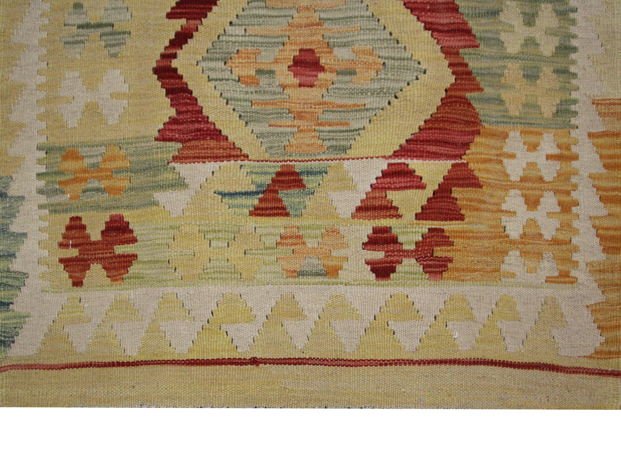 Hollywood Regency Traditional Kilims Handwoven Kilim Rug Runner, Long Green Carpet Wool Rug