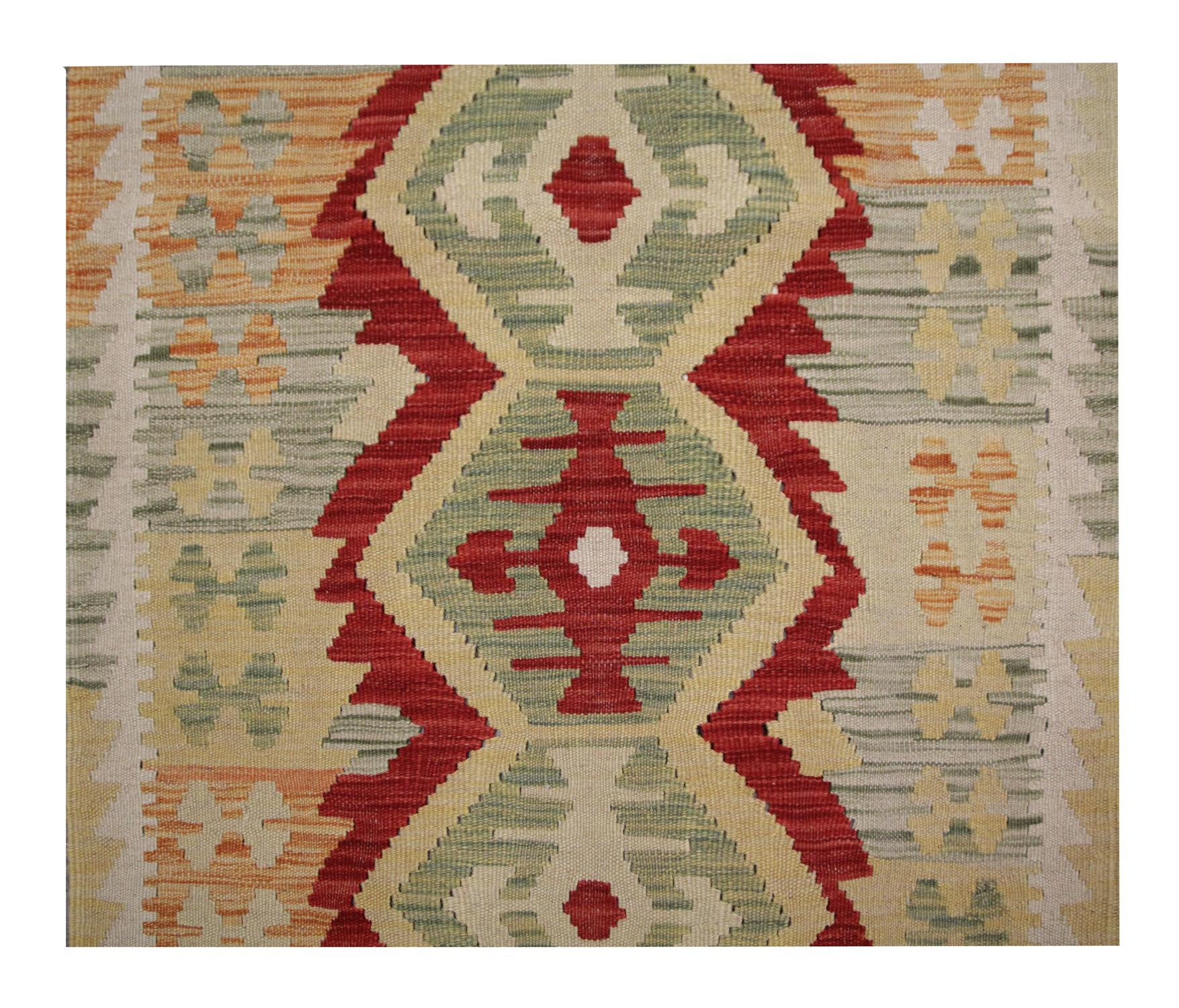 Hand-Crafted Traditional Kilims Handwoven Kilim Rug Runner, Long Green Carpet Wool Rug
