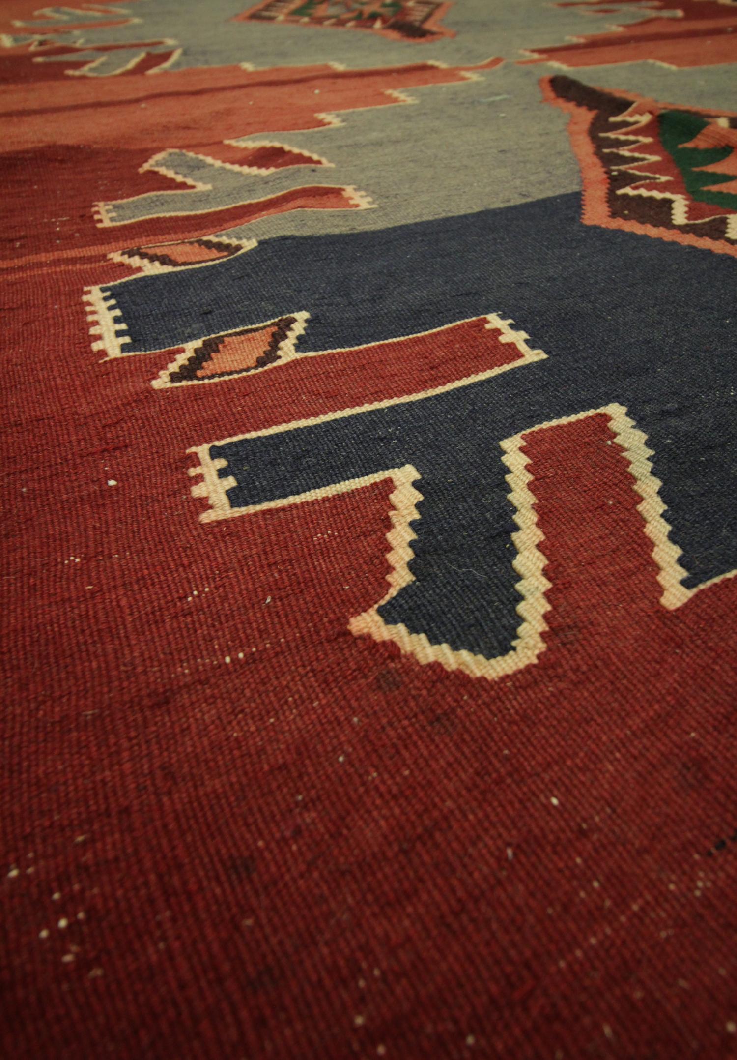 Hand-Knotted Traditional Kilims Tribal Wool Kilim Rug Vintage Red Blue Area Rug For Sale