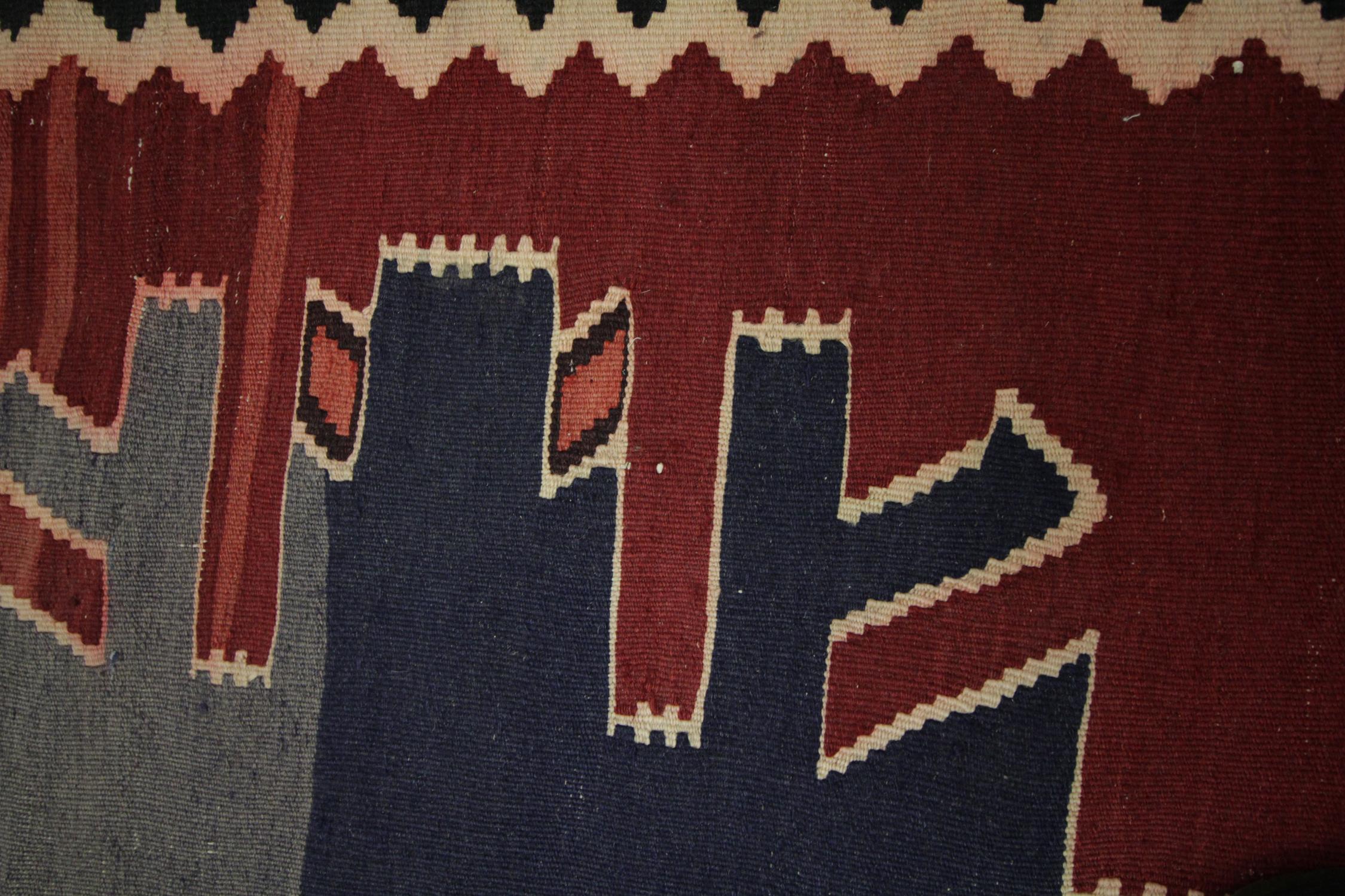 Mid-20th Century Traditional Kilims Tribal Wool Kilim Rug Vintage Red Blue Area Rug For Sale
