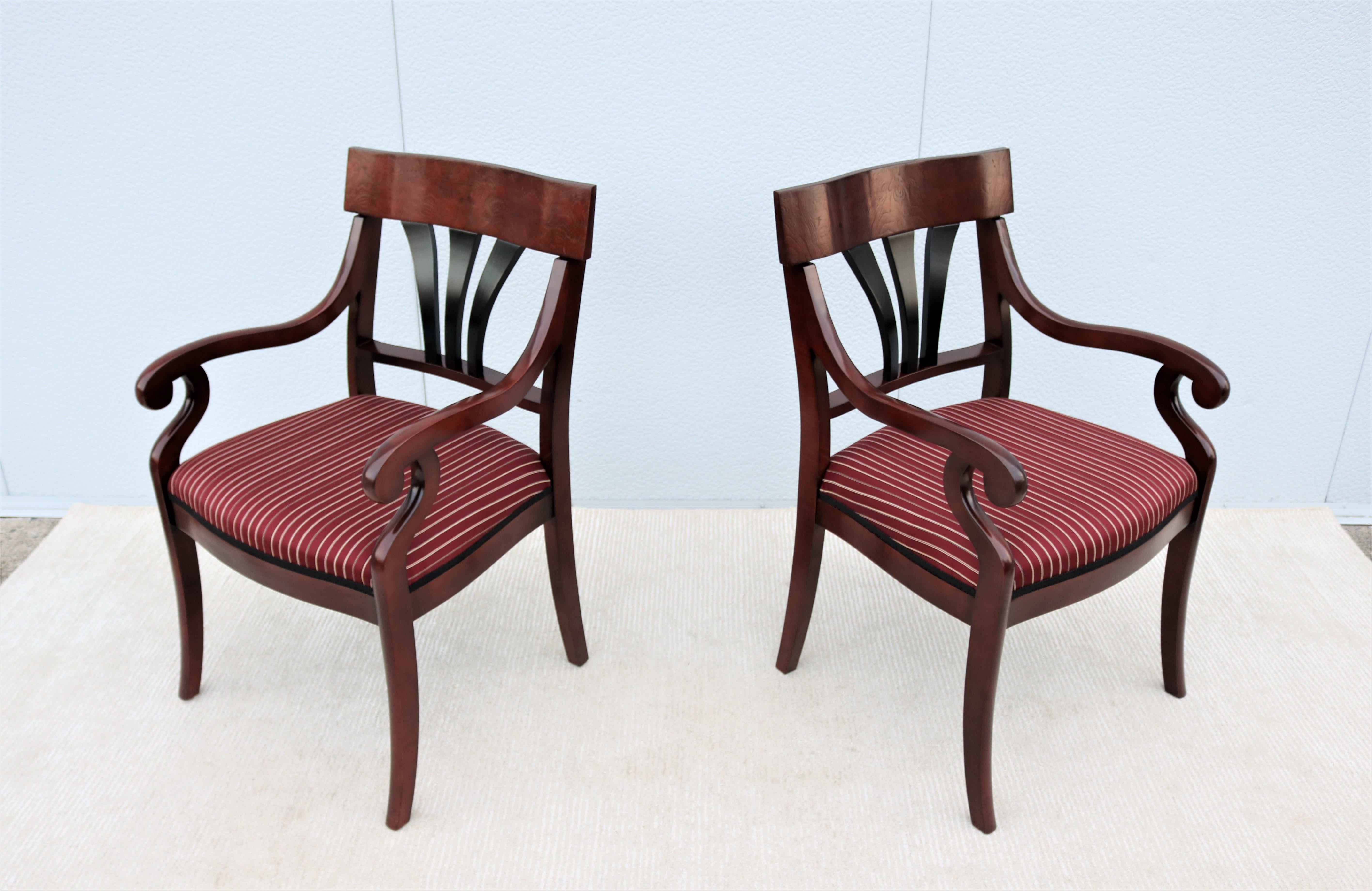 Fabulous pair of Innsbruck and Osterley Park guest visitor side chairs.
The strength and character of 19th century elegant Biedermeier neoclassic style finds renewed expression in Innsbruck and Osterley Park. 
Michael Tatum and Robert Purdom