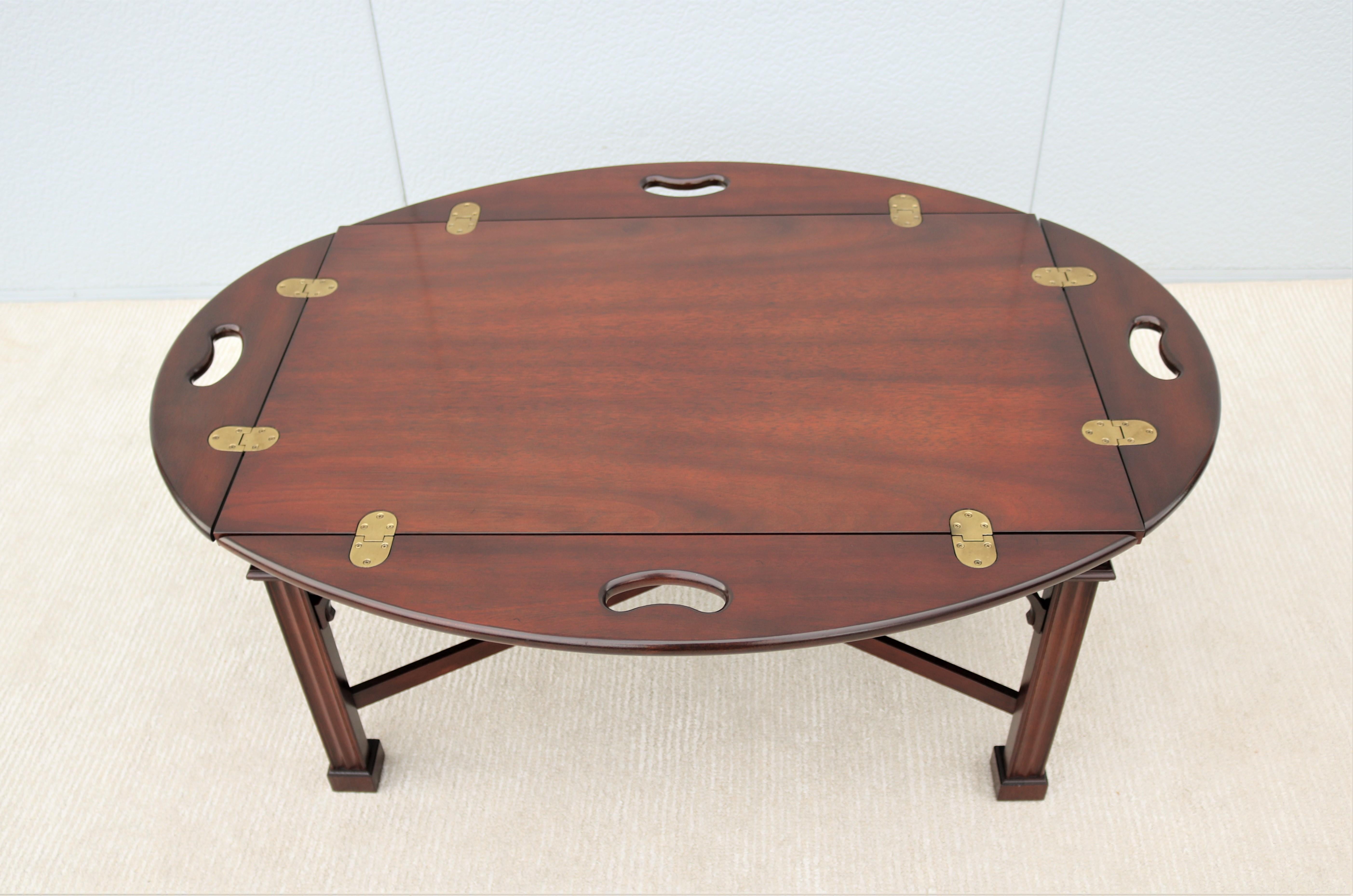 Brass Traditional Kimball Mahogany Drop-Leaf Butler Tray Coffee Table