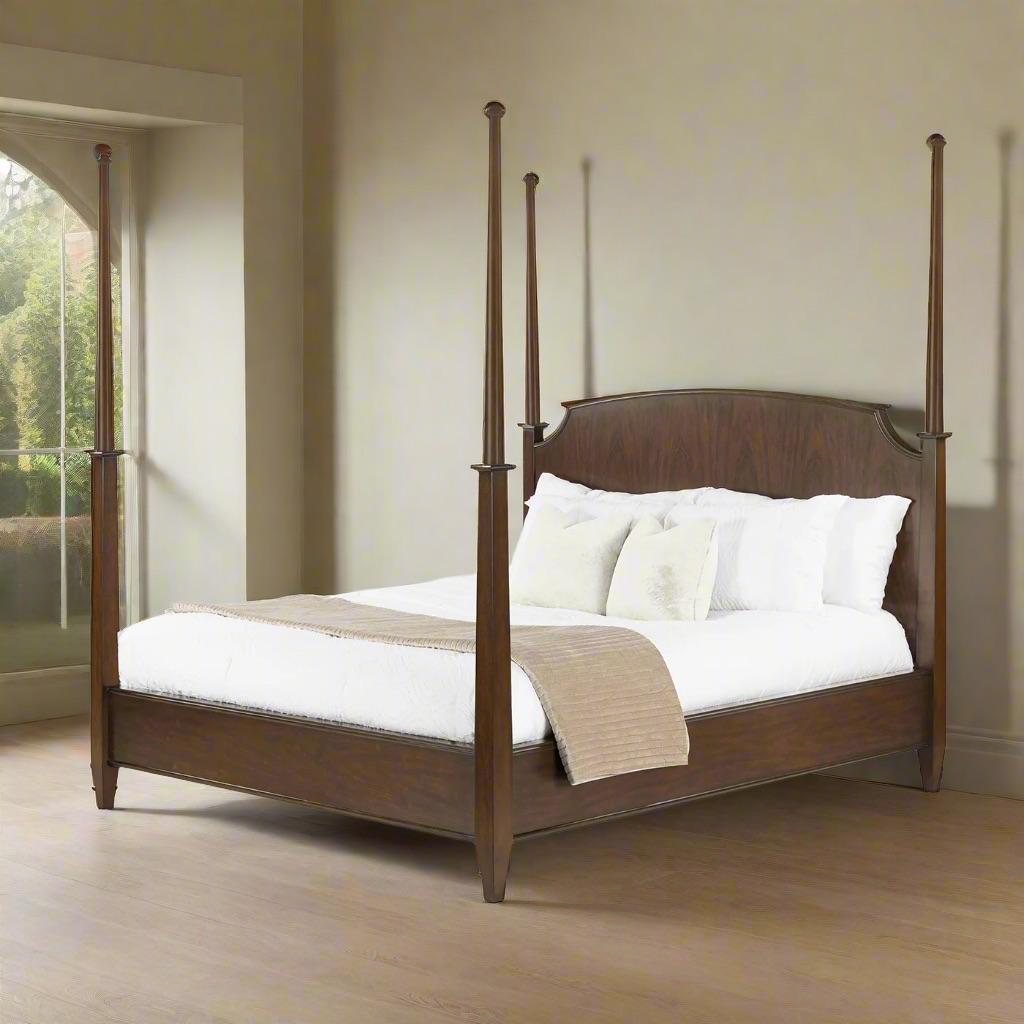 This exquisite piece features four tapered posts that transition gracefully from square to round, embodying classic craftsmanship and sophistication.

Crafted and finished in a rich walnut, this bed showcases warm tones and beautifully figured wood