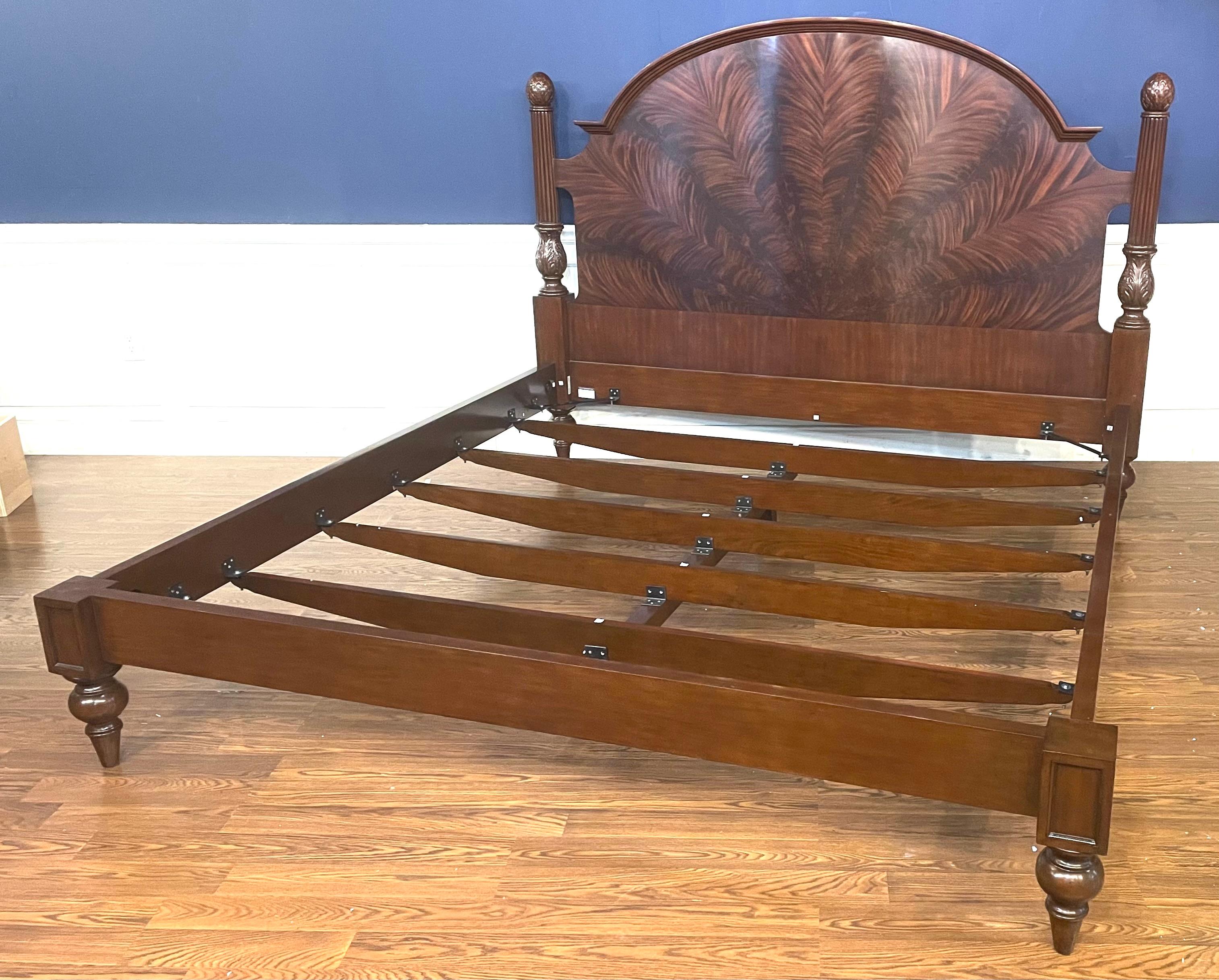 This is a new traditional king size mahogany low post bed by Leighton Hall Furniture. Its design was inspired by traditional poster beds from the past and features hand carved fluted posts and a radial cut crotch mahogany headboard.

Approximate