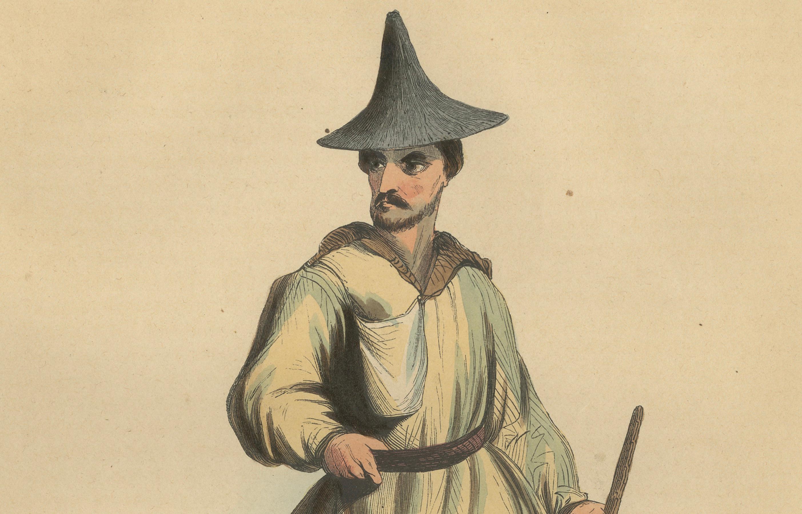 Traditioneller koreanischer Attire des 19. Jahrhunderts, handkolorierte Lithographie im Zustand „Gut“ im Angebot in Langweer, NL