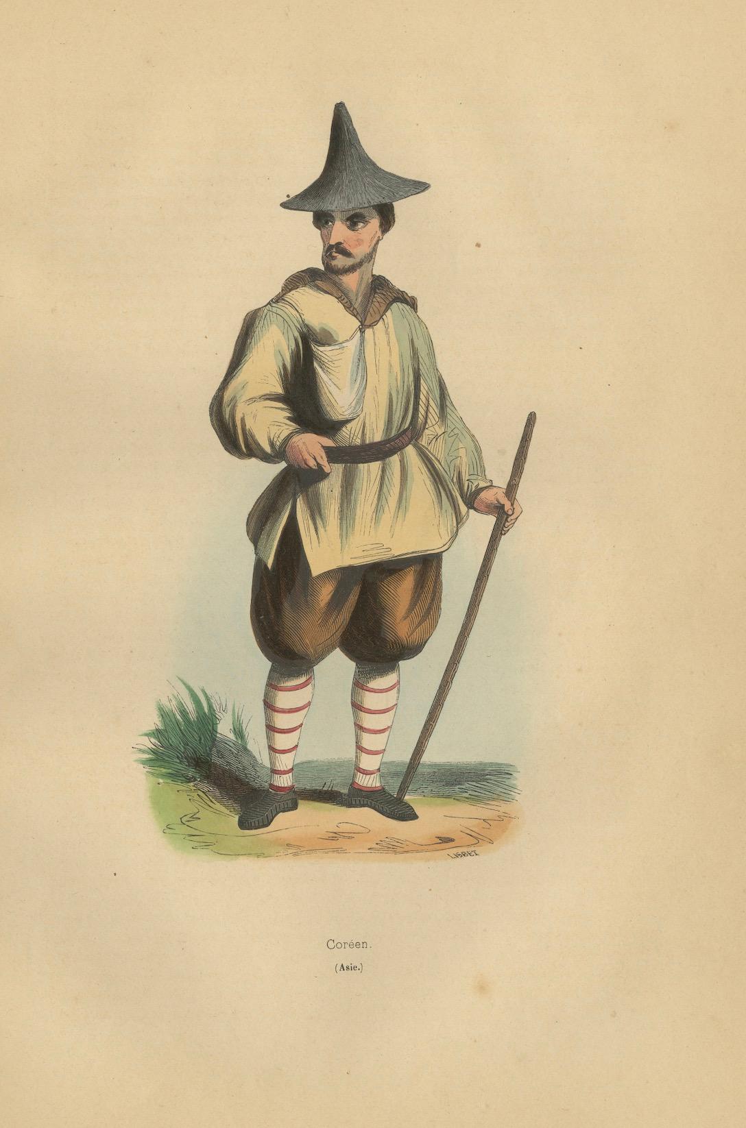 Traditioneller koreanischer Attire des 19. Jahrhunderts, handkolorierte Lithographie (Mittleres 19. Jahrhundert) im Angebot
