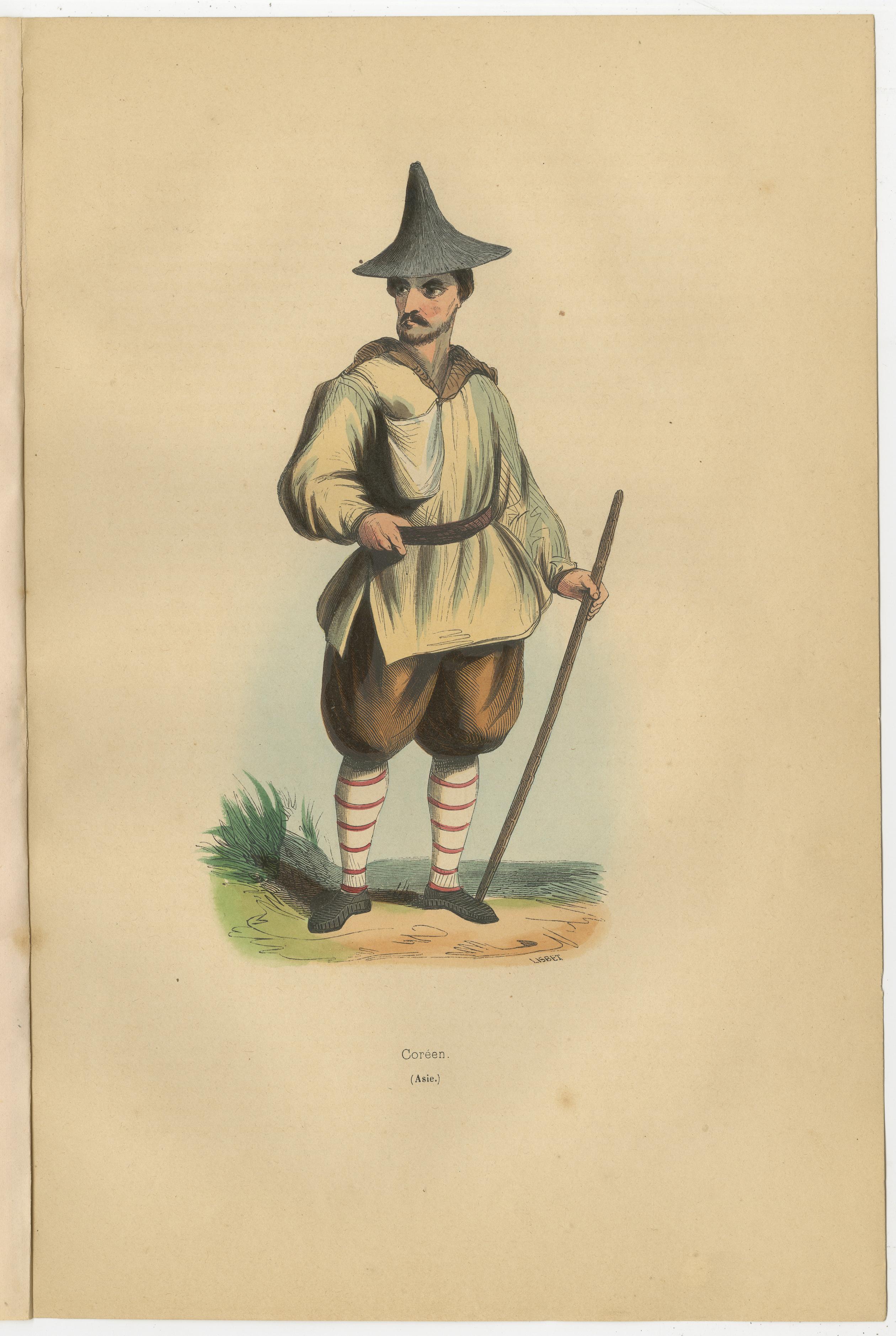 Traditioneller koreanischer Attire des 19. Jahrhunderts, handkolorierte Lithographie (Papier) im Angebot