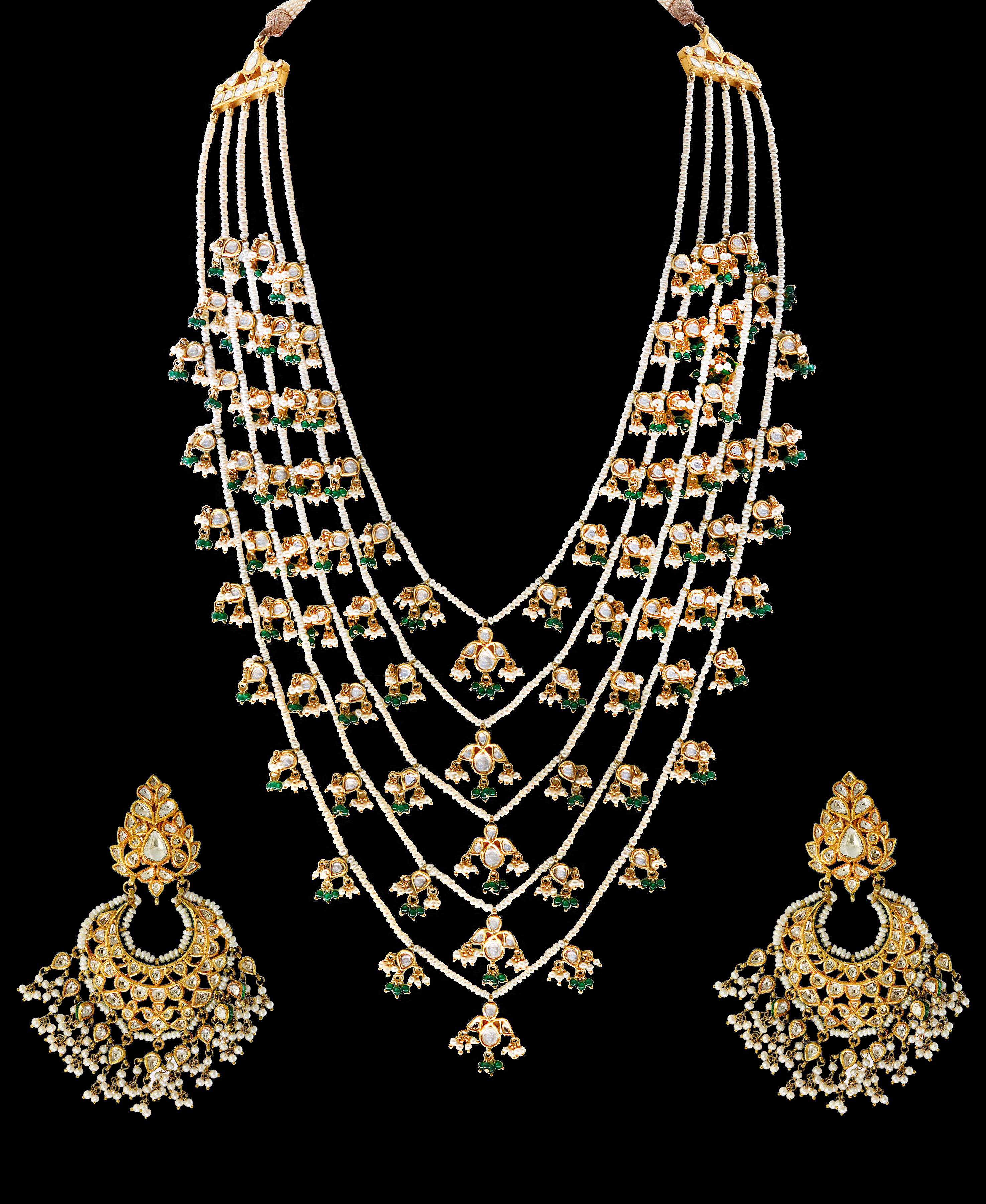 Maharajas & Mughal Magnificenct multi layer Necklace and Heavy Antique Gold Chand Bali Earrings
Jadau Traditional Kundan 5 layer Polki Rose Cut Diamond 18 K Y G Bridal Necklace and Chandelier earrings 
Multi Layer amazingly beautiful beyond
