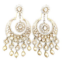 Boucles d'oreilles chandelier Chand Bali traditionnel Kundan Polki en or 18 carats avec diamants taille rose