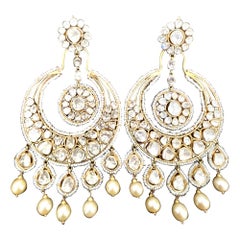 Traditional Kundan Polki Rose Cut Diamond 18 Kt Gold Chand Bali Chandelier Ear