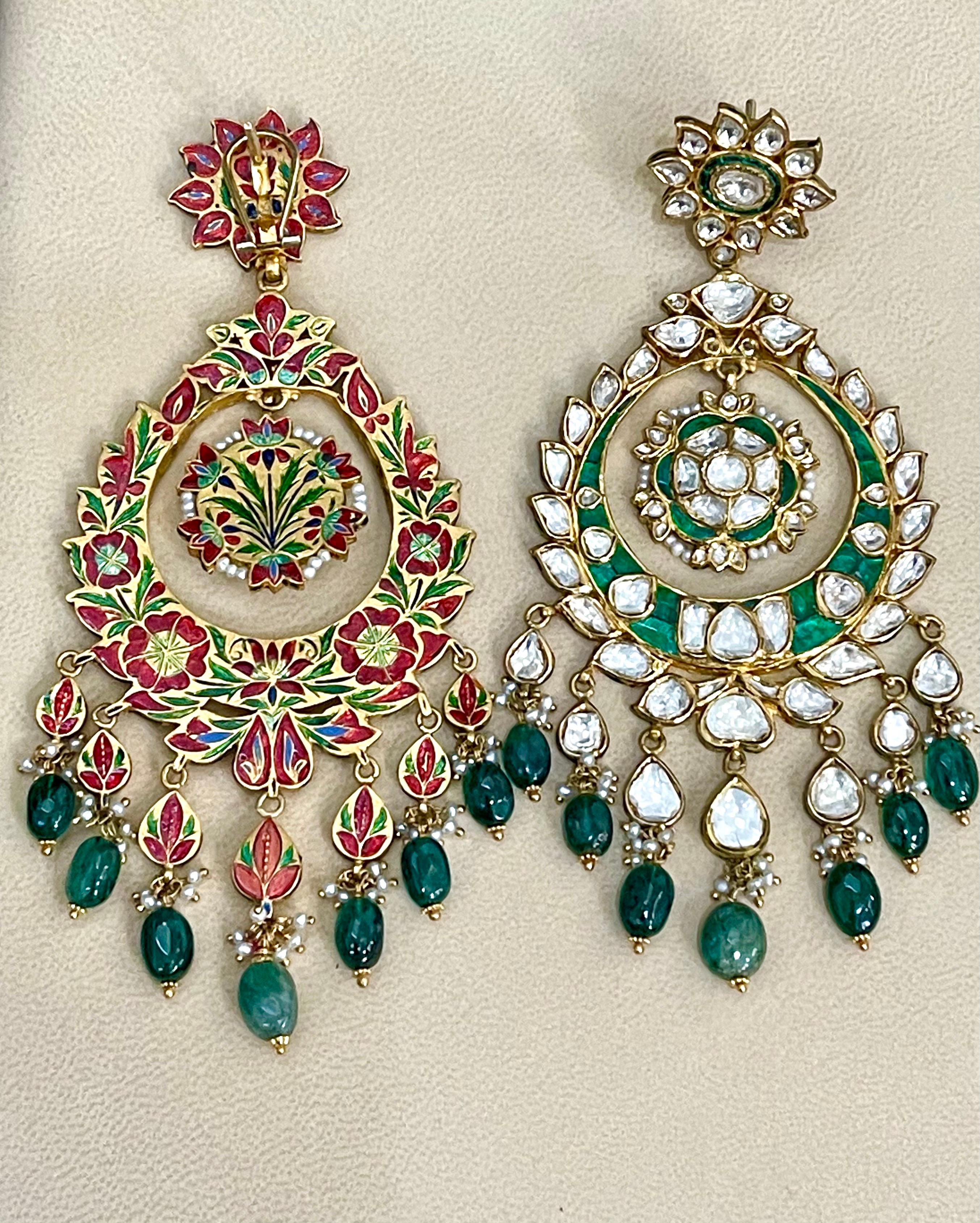 Traditional Kundan Polki Rose Cut Diamond 18 Kt Gold Chand Bali Enamel + Emerald For Sale 3