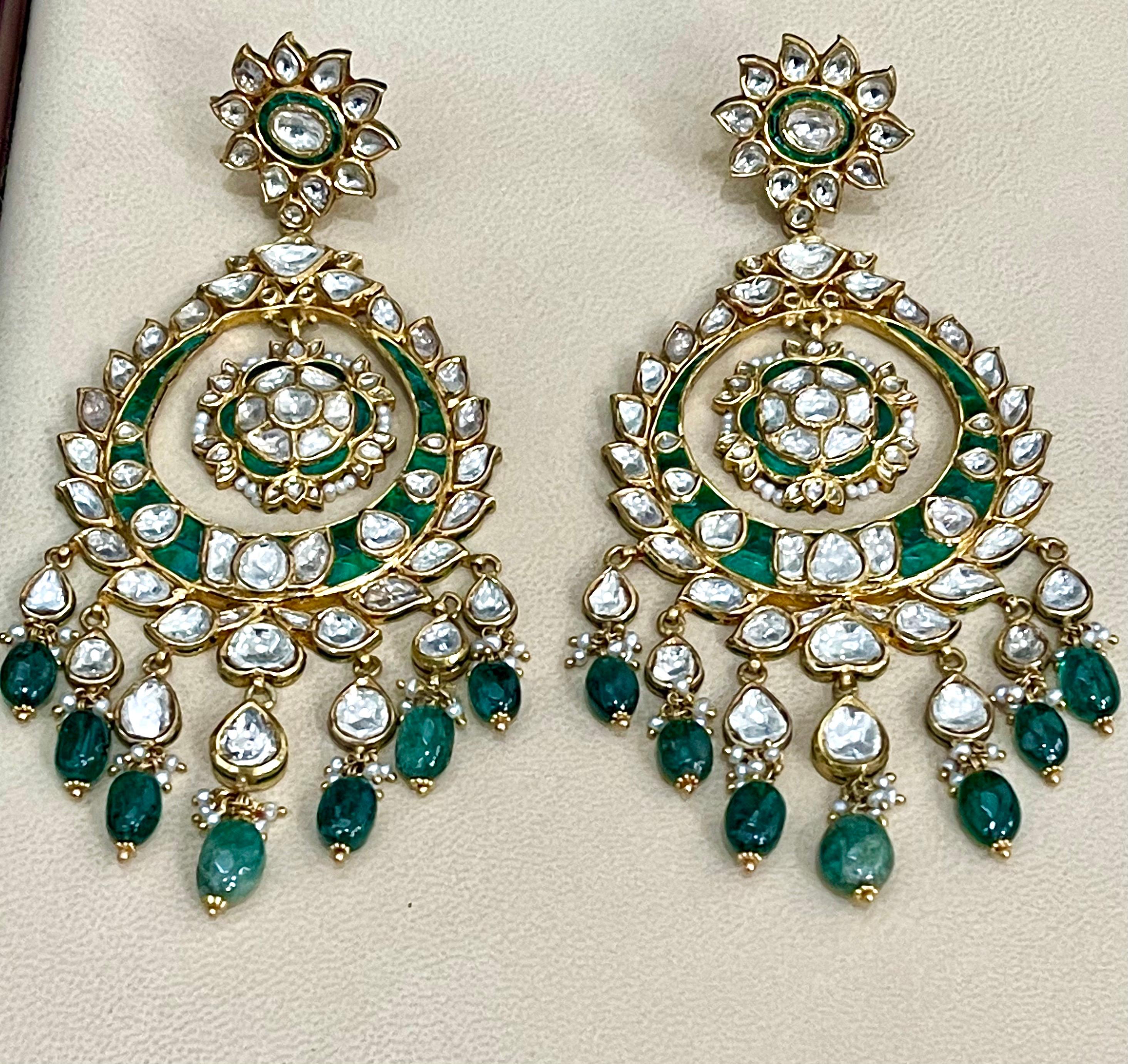 Traditional Kundan Polki Rose Cut Diamond 18 Kt Gold Chand Bali Enamel + Emerald For Sale 4
