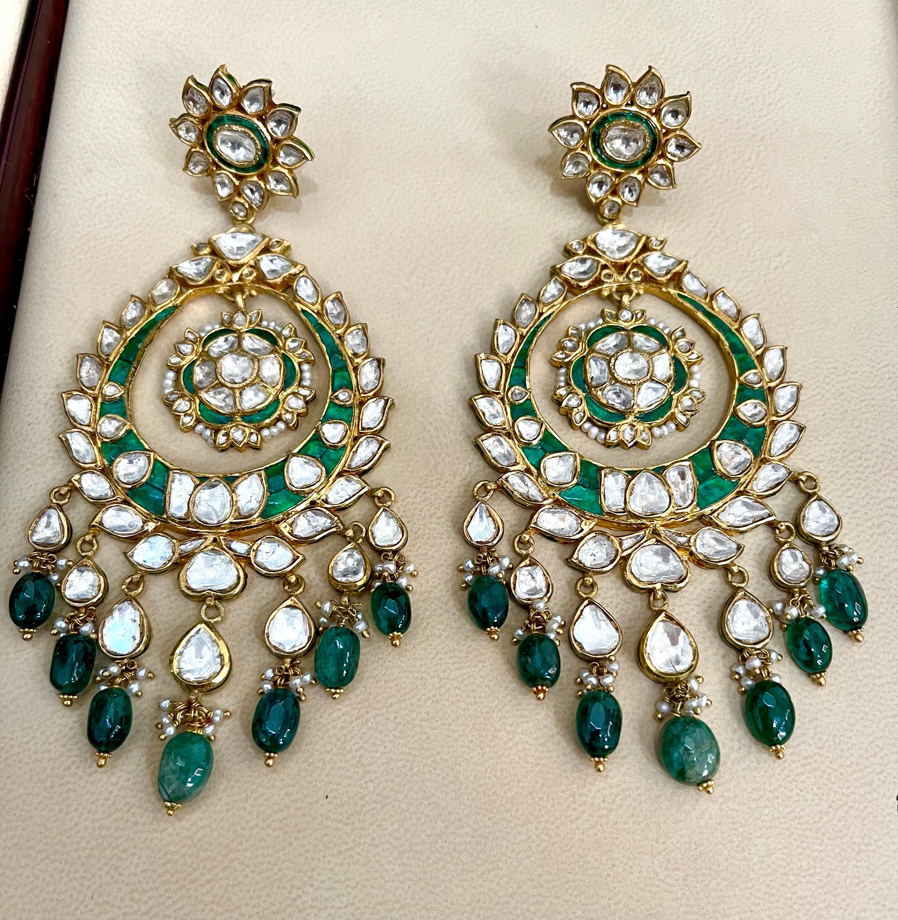 Traditional Kundan Polki Rose Cut Diamond 18 Kt Gold Chand Bali Enamel + Emerald For Sale 5