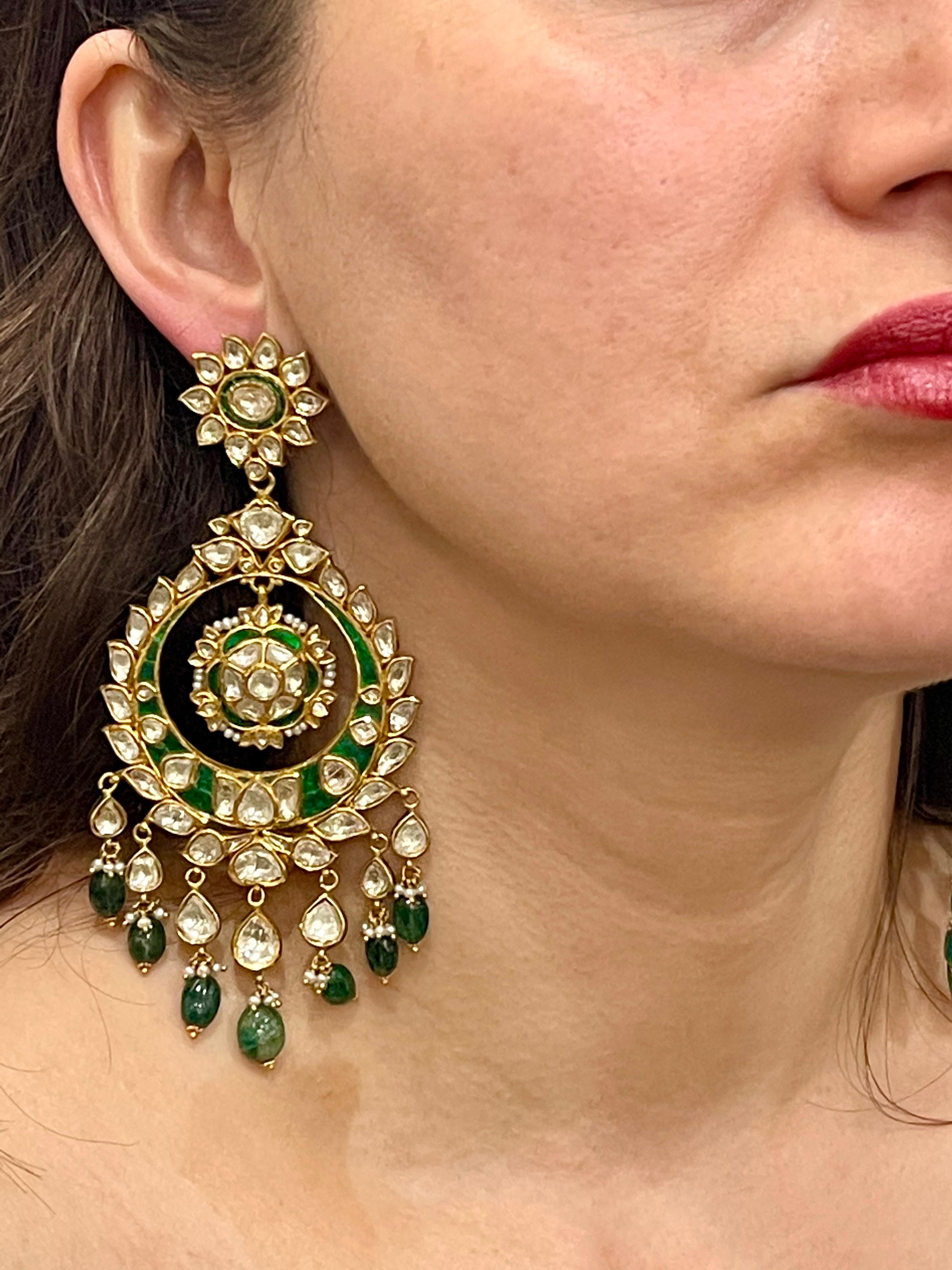 Traditional Kundan Polki Rose Cut Diamond 18 Kt Gold Chand Bali Enamel + Emerald For Sale 8