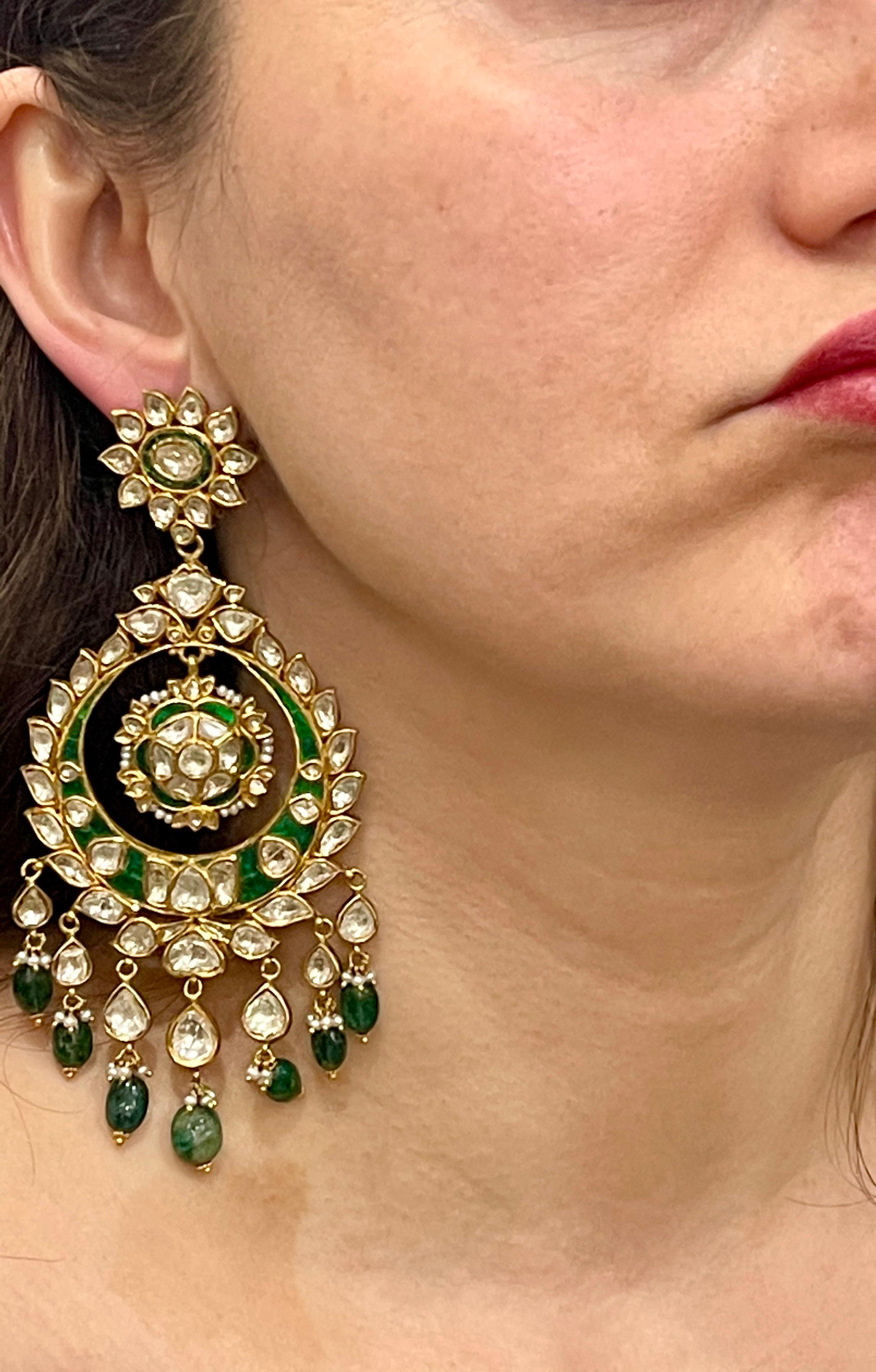Traditional Kundan Polki Rose Cut Diamond 18 Kt Gold Chand Bali Enamel + Emerald For Sale 9