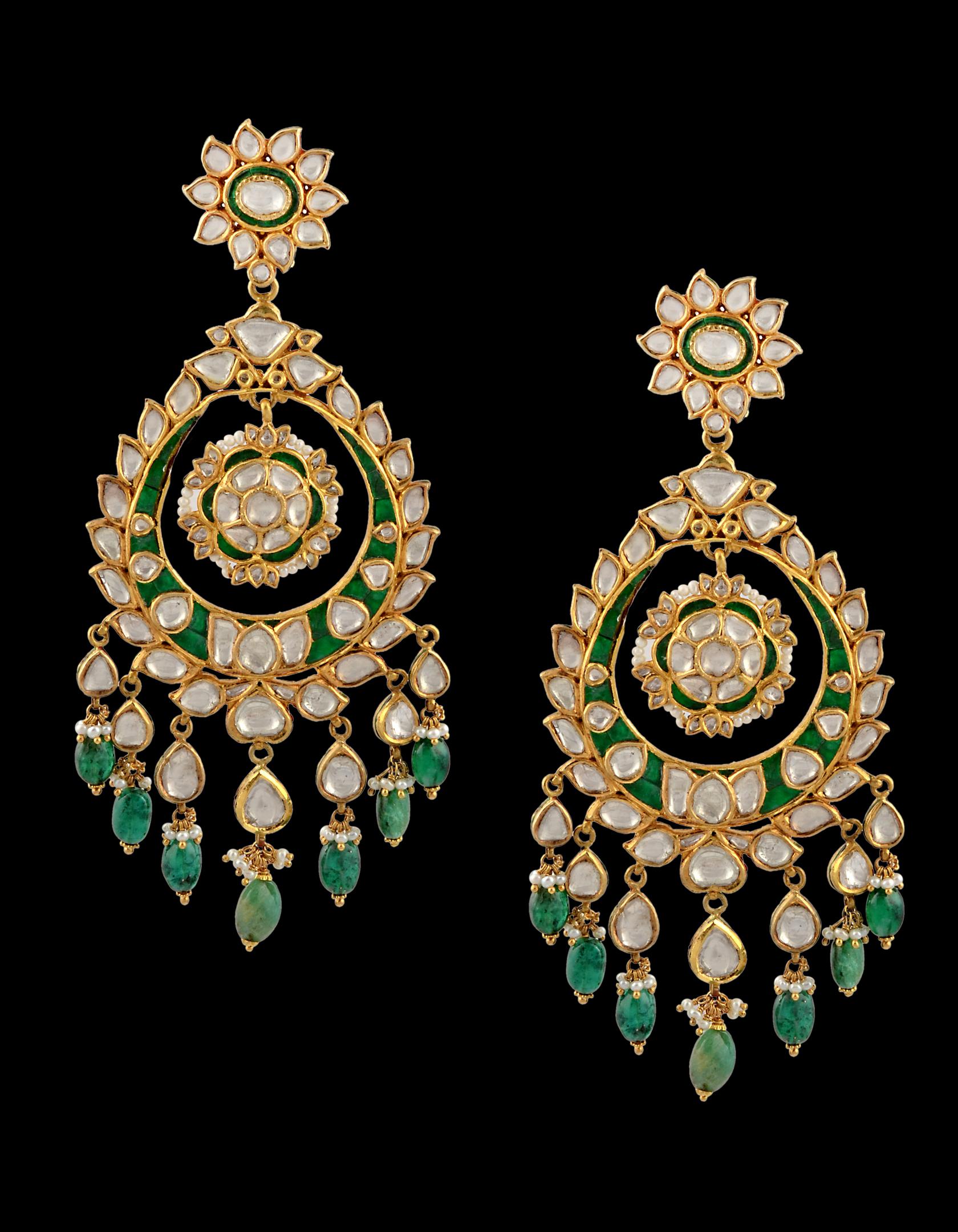 Maharajas & Mughal Magnificenct  Heavy Antique Gold Chand Bali Earrings , extra large Chandelier Earrings in 18 Karat yellow gold.
Green enamel and emerald drop beads.
Amazing earring
Look at the back of the earrings , beautiful red and green