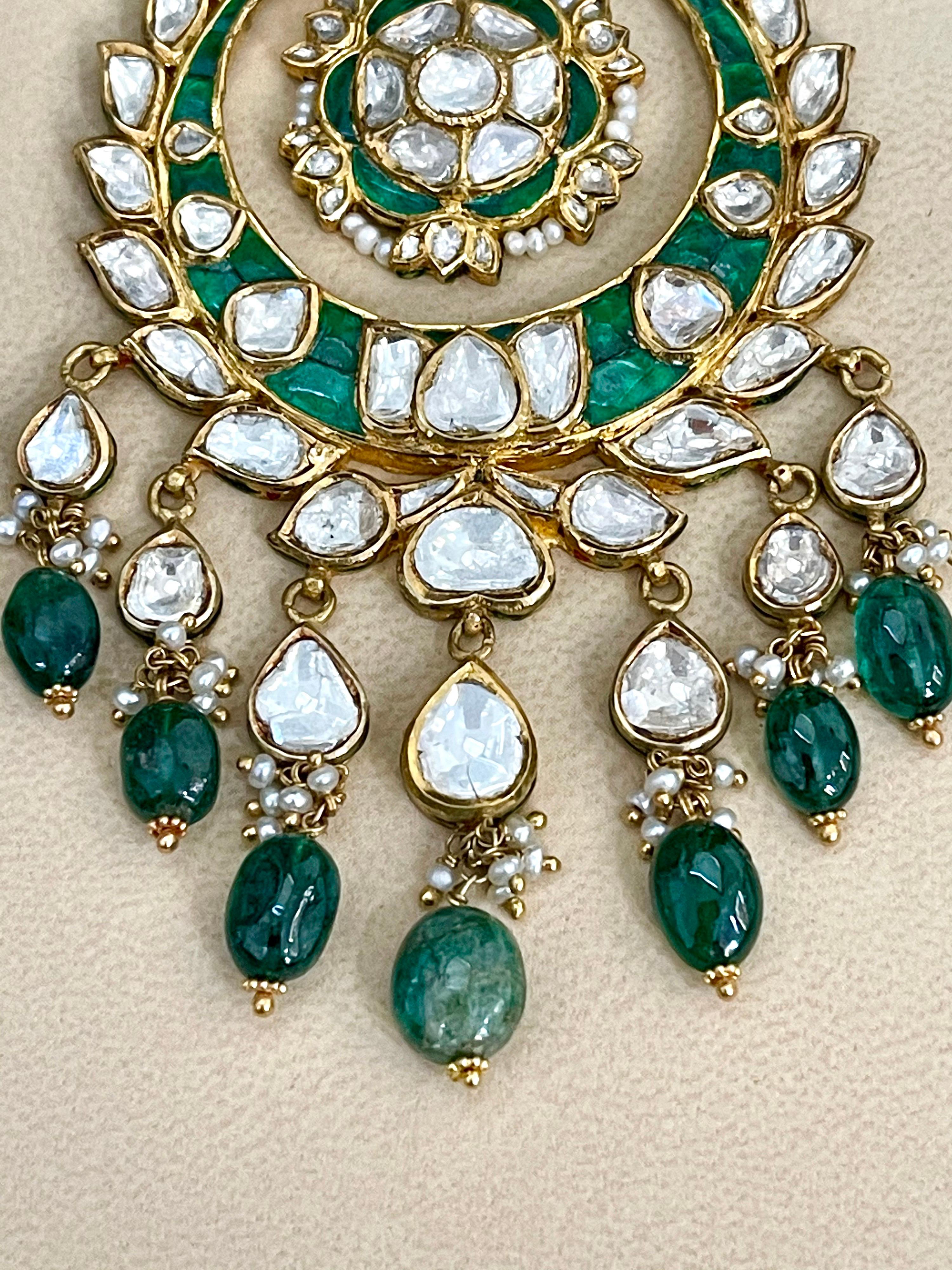 Traditional Kundan Polki Rose Cut Diamond 18 Kt Gold Chand Bali Enamel + Emerald In Excellent Condition For Sale In New York, NY