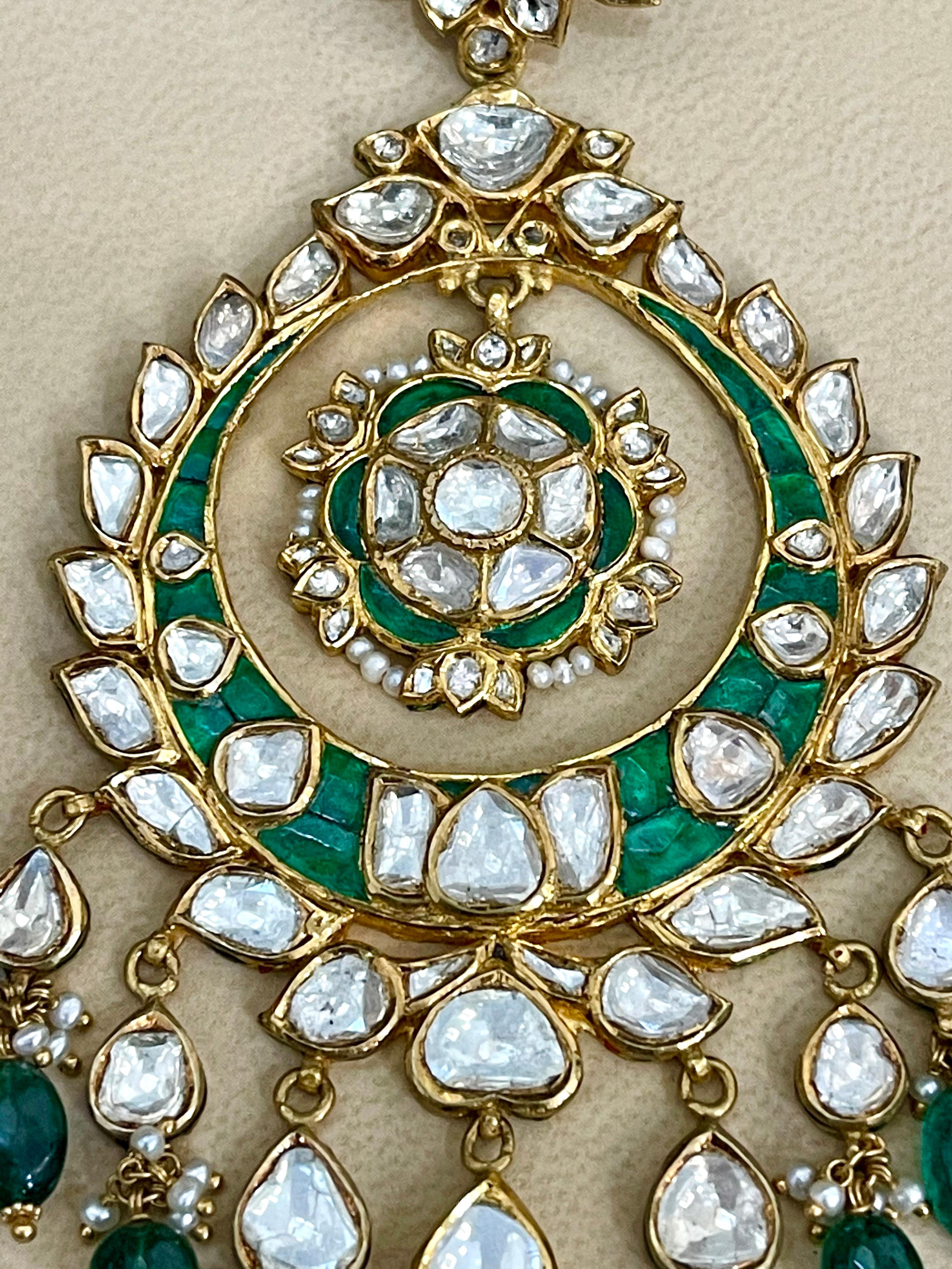 Women's Traditional Kundan Polki Rose Cut Diamond 18 Kt Gold Chand Bali Enamel + Emerald For Sale